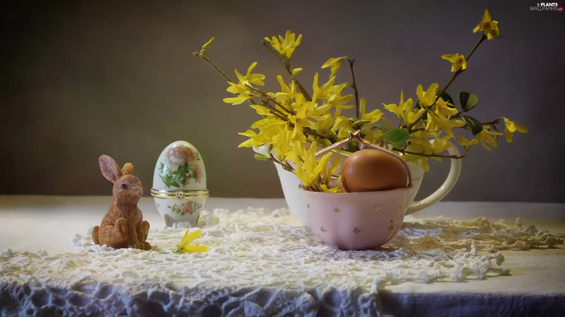 egg, forsythia, tablecloth, figure, lace, cup, composition, Rabbit