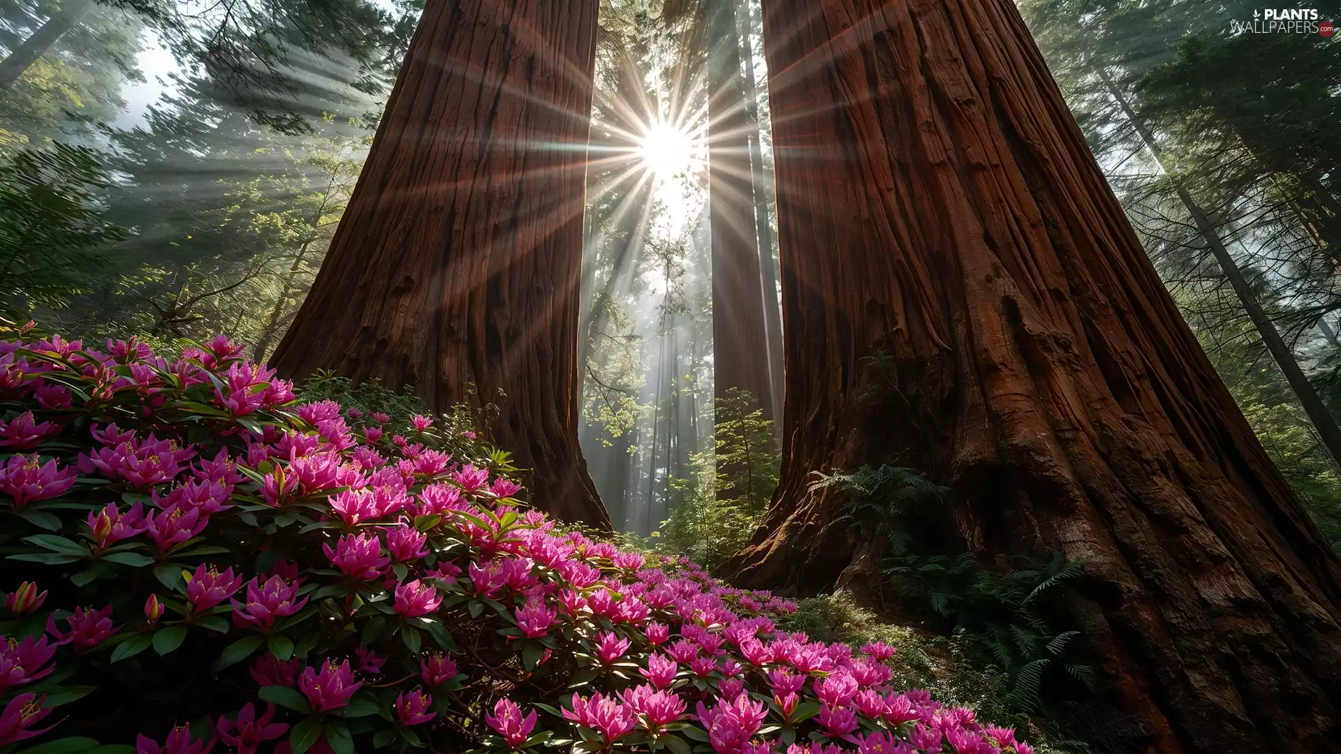 rays of the Sun, forest, rhododendron, Ai, Flowers, redwoods