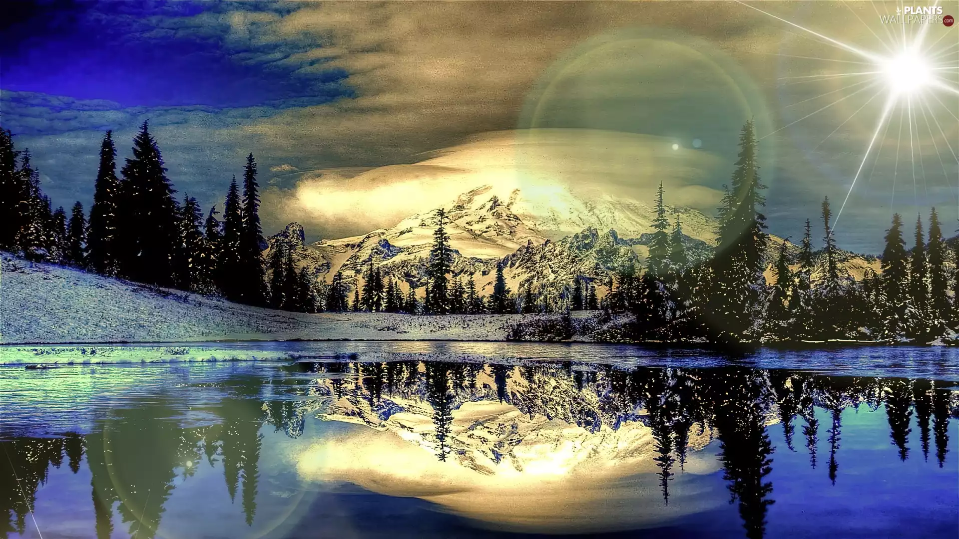 sun, rays, Mountains, Winter, lake