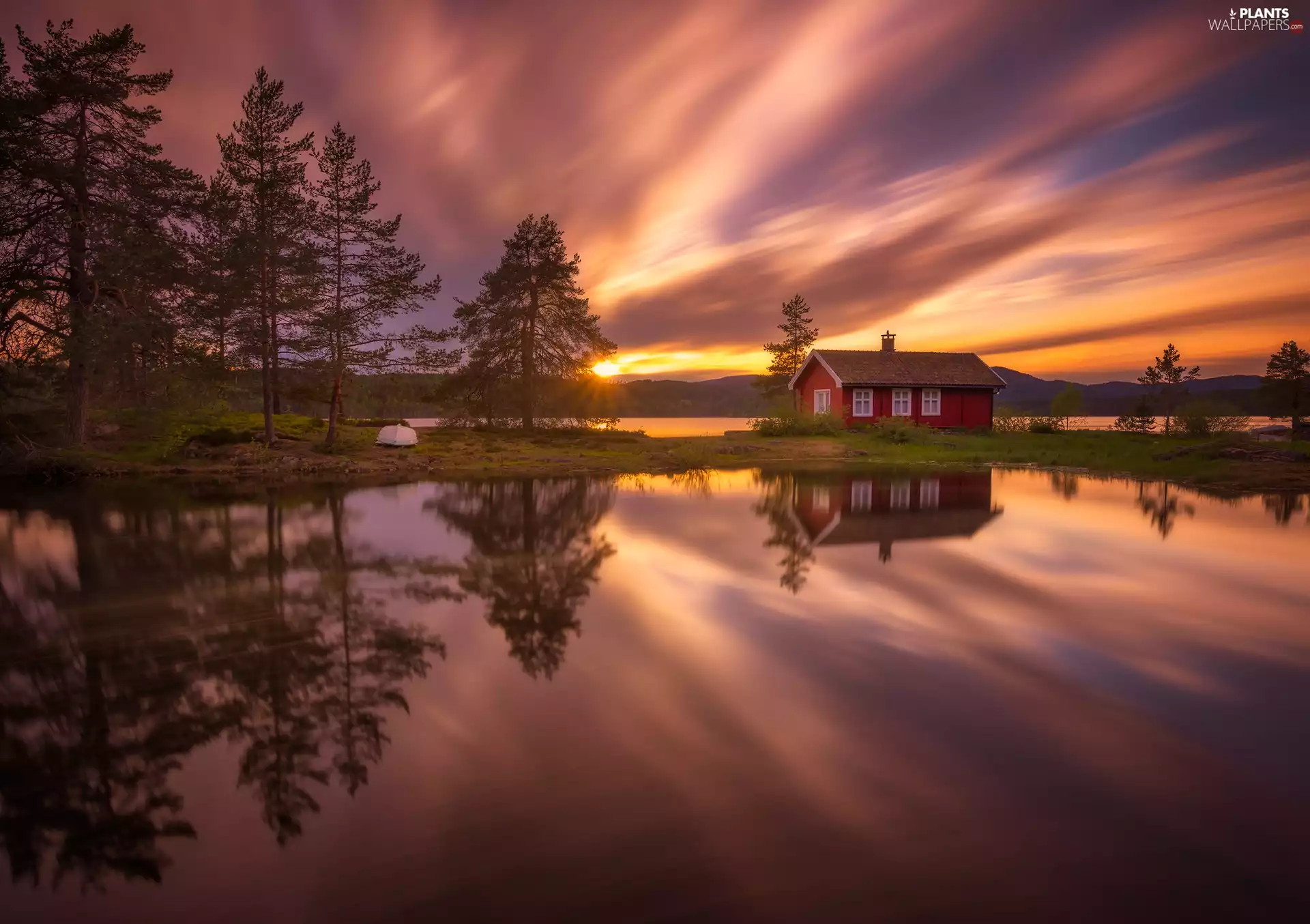 viewes, Vaeleren Lake, Red, Ringerike Municipality, house, Great Sunsets, clouds, Norway, reflection, trees