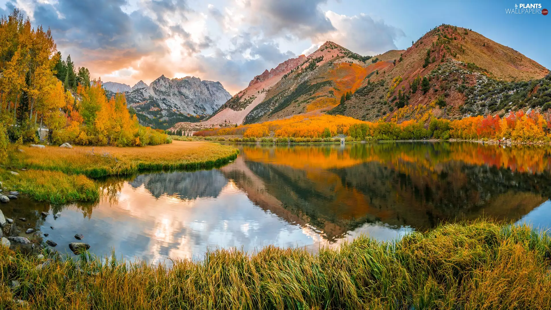 trees, lake, autumn, reflection, Mountains, viewes, clouds