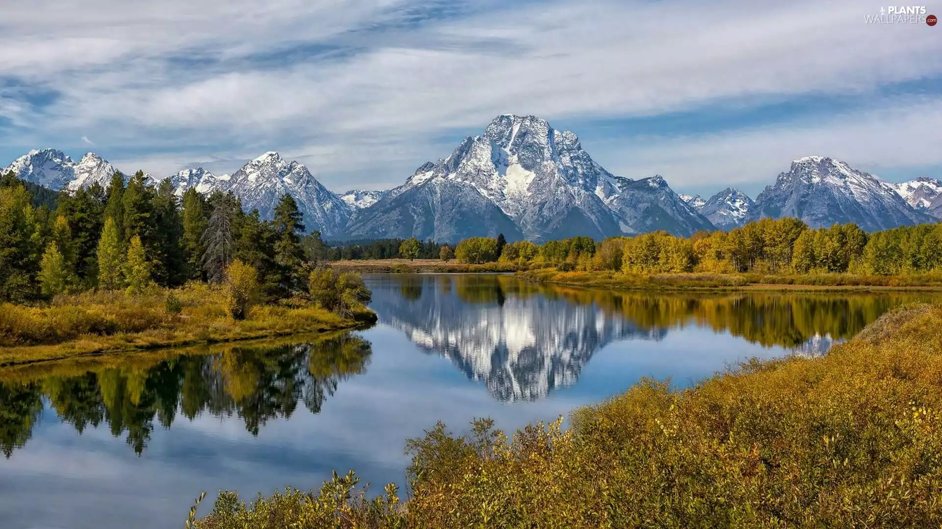 trees, State of Wyoming, Mount Moran, Mountains, Snake River, The United States, Grand Teton National Park, reflection, viewes, autumn