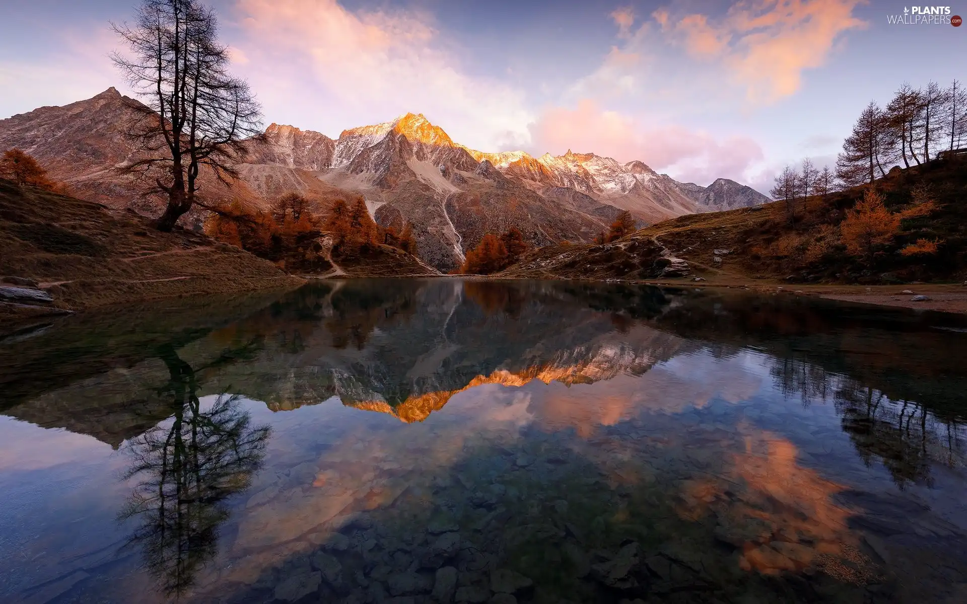 trees, Mountains, clouds, reflection, viewes, lake