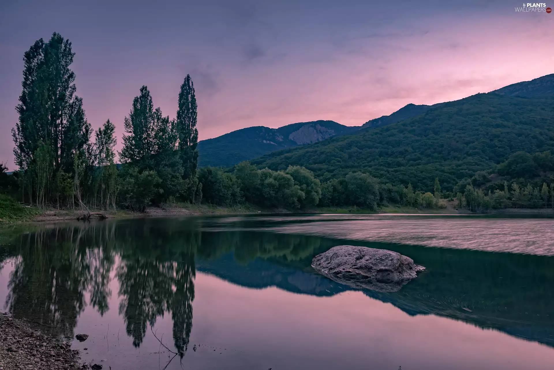 Stone, Mountains, viewes, reflection, trees, lake