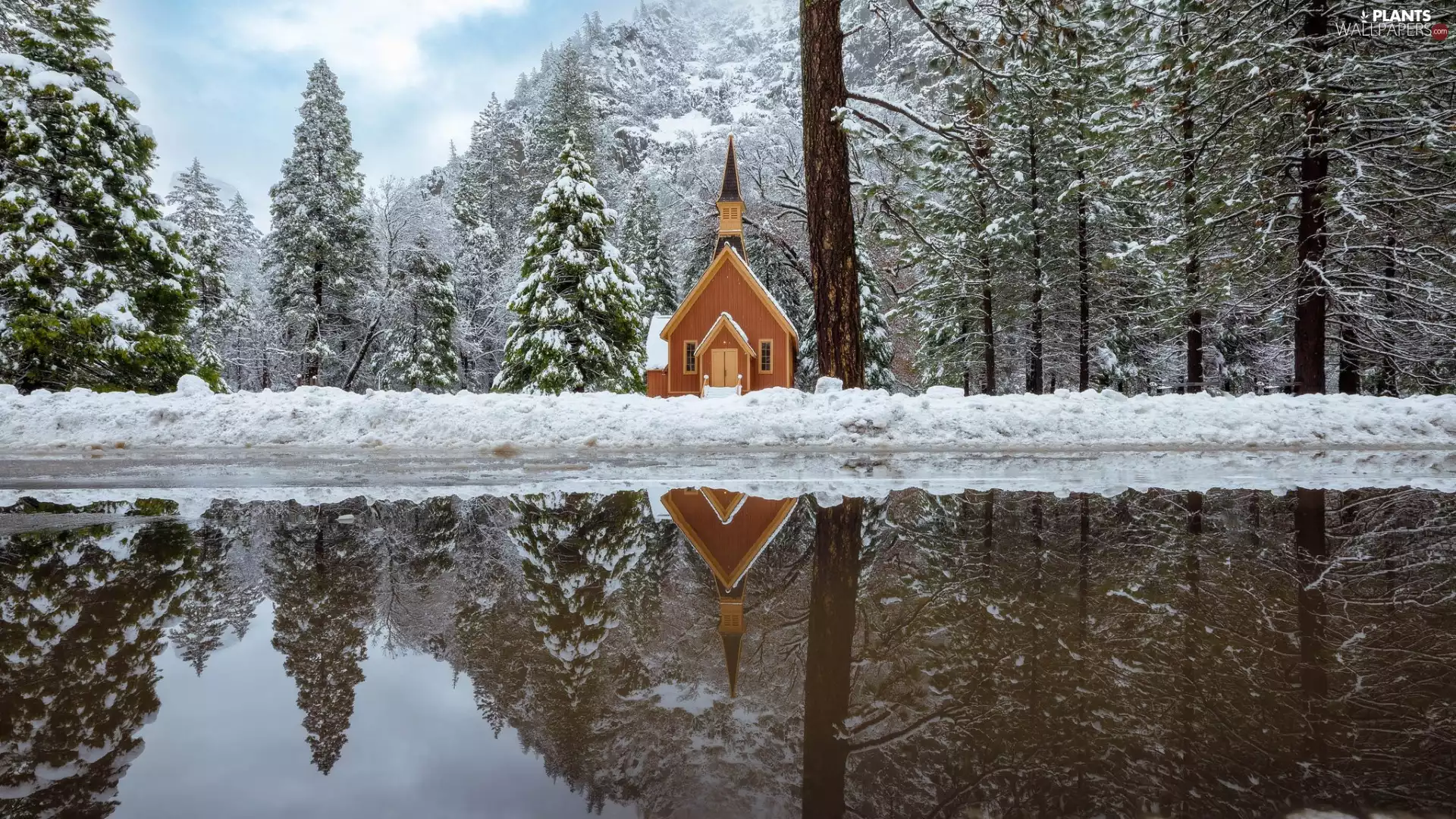 trees, winter, church, reflection, viewes, River