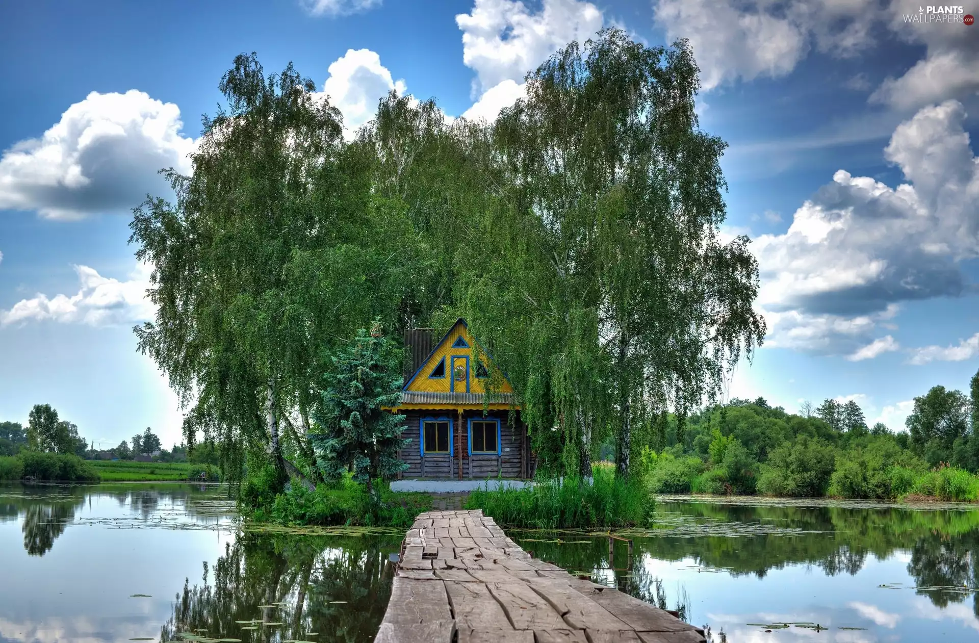 viewes, lake, Platform, reflection, house, trees