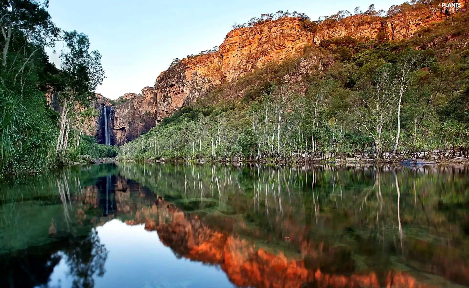 viewes, reflection, waterfall, trees, rocks