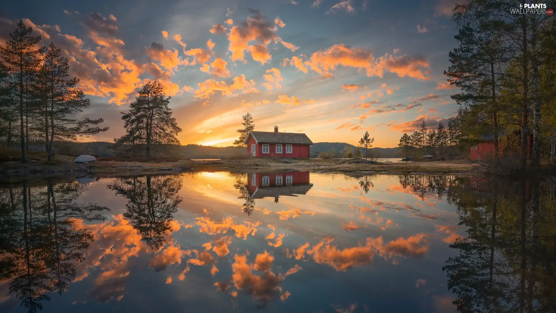 Ringerike, Norway, reflection, lake, house, Red, trees, viewes, clouds