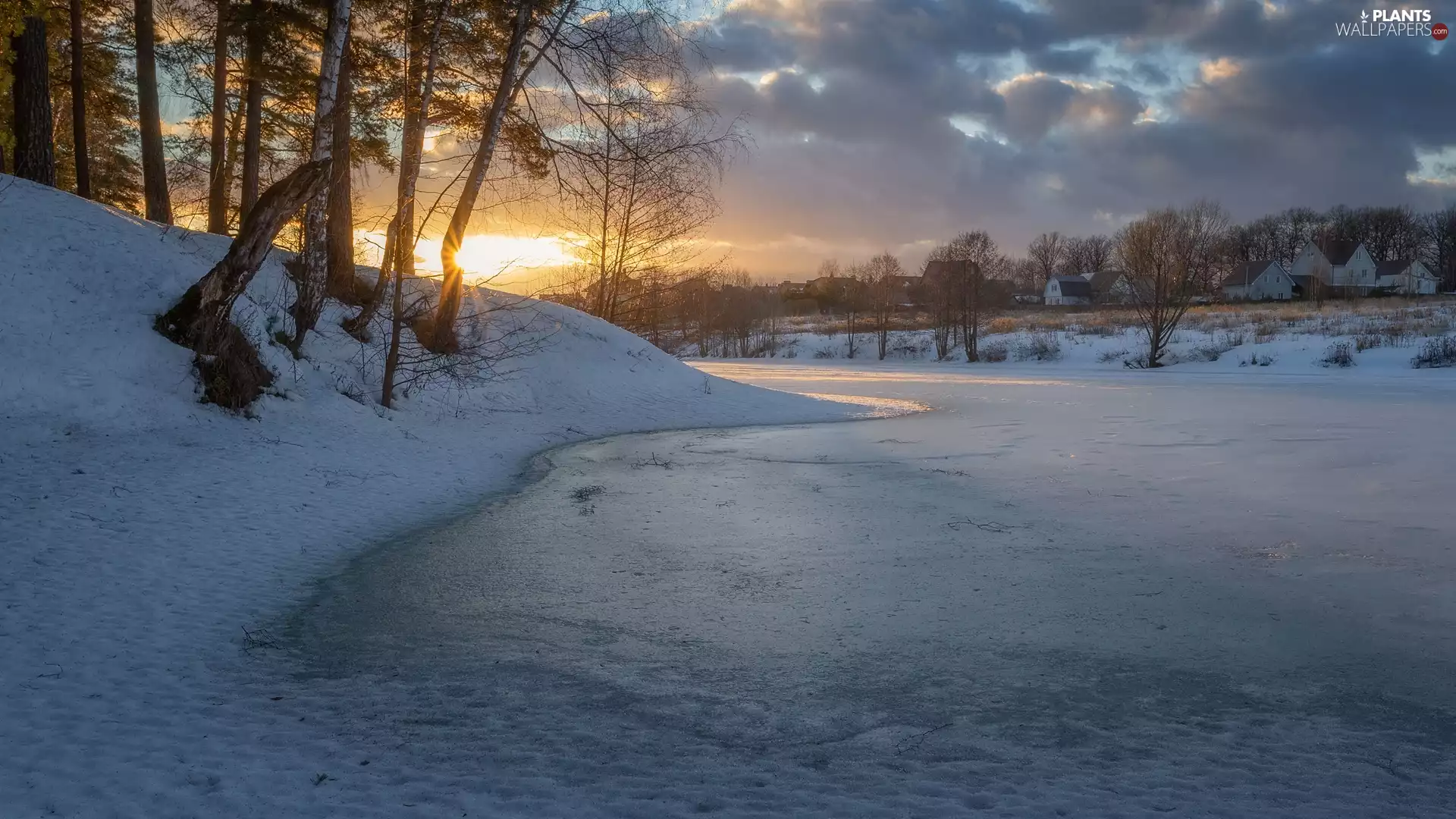 River, winter, trees, viewes, Sky, Great Sunsets, Houses, Clouds, scarp