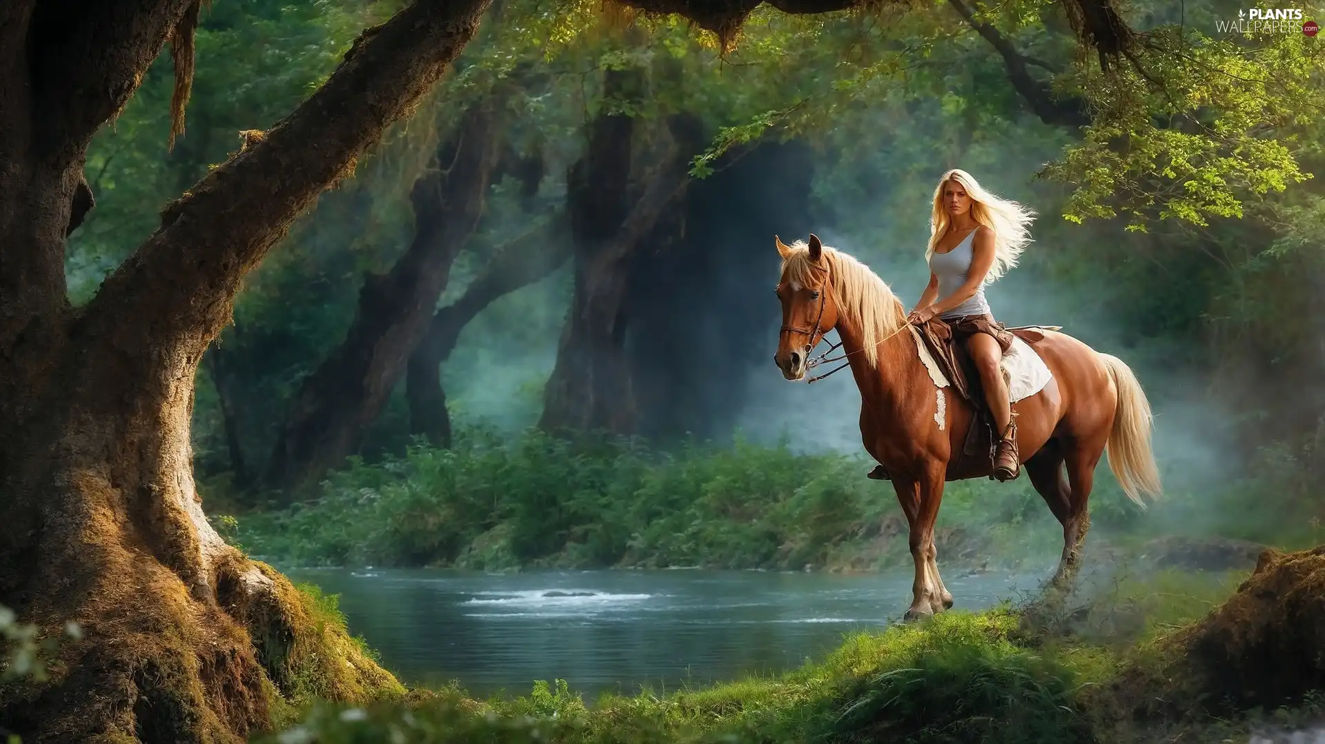 trees, Women, forest, River, viewes, Horse