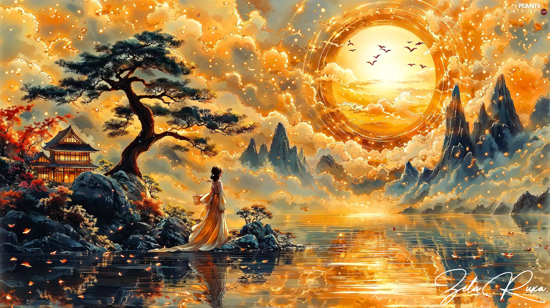 River, graphics, Women, trees, sun, birds, house, Mountains, viewes