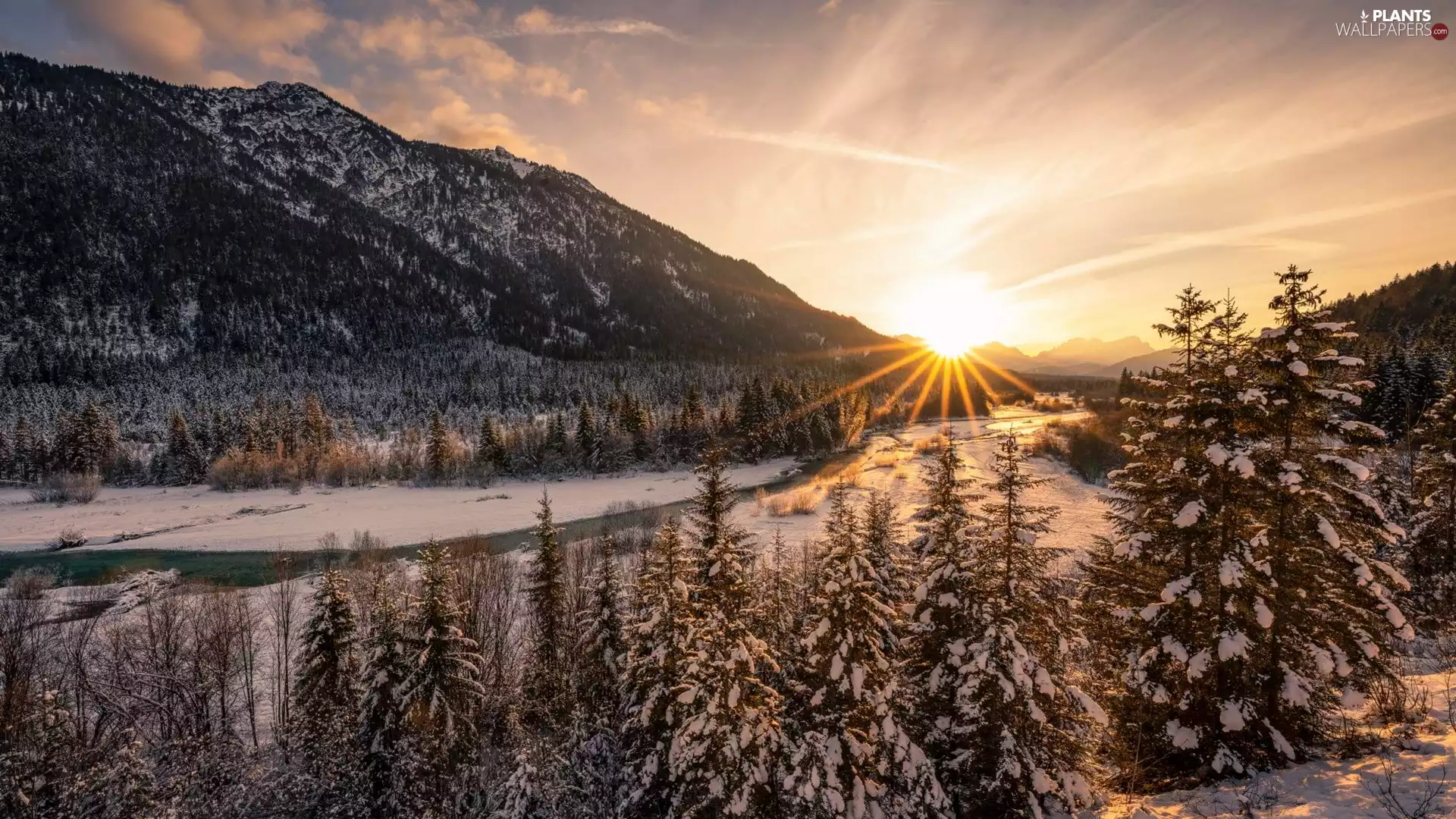 River, winter, viewes, rays of the Sun, trees, Mountains