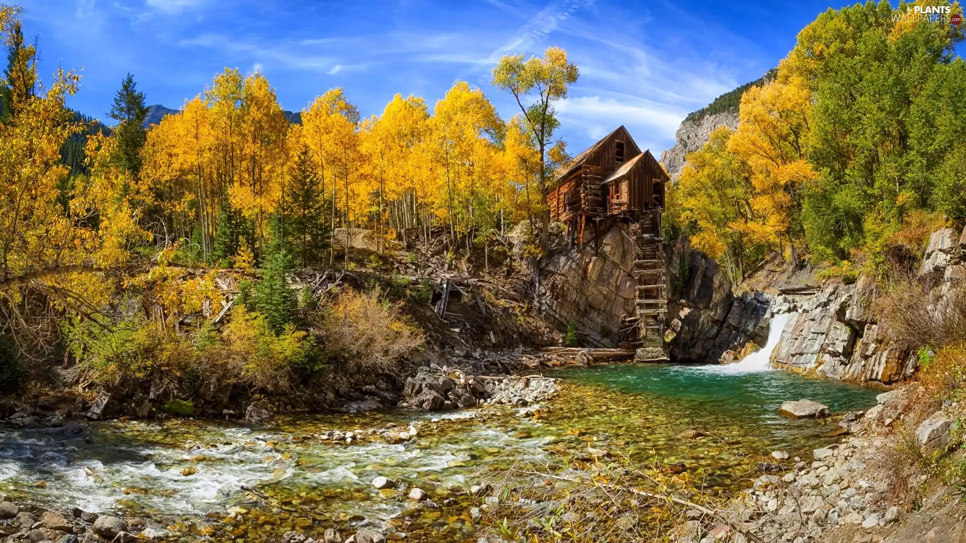 River, autumn, rocks, Stones, wooden, house, trees, viewes, forest
