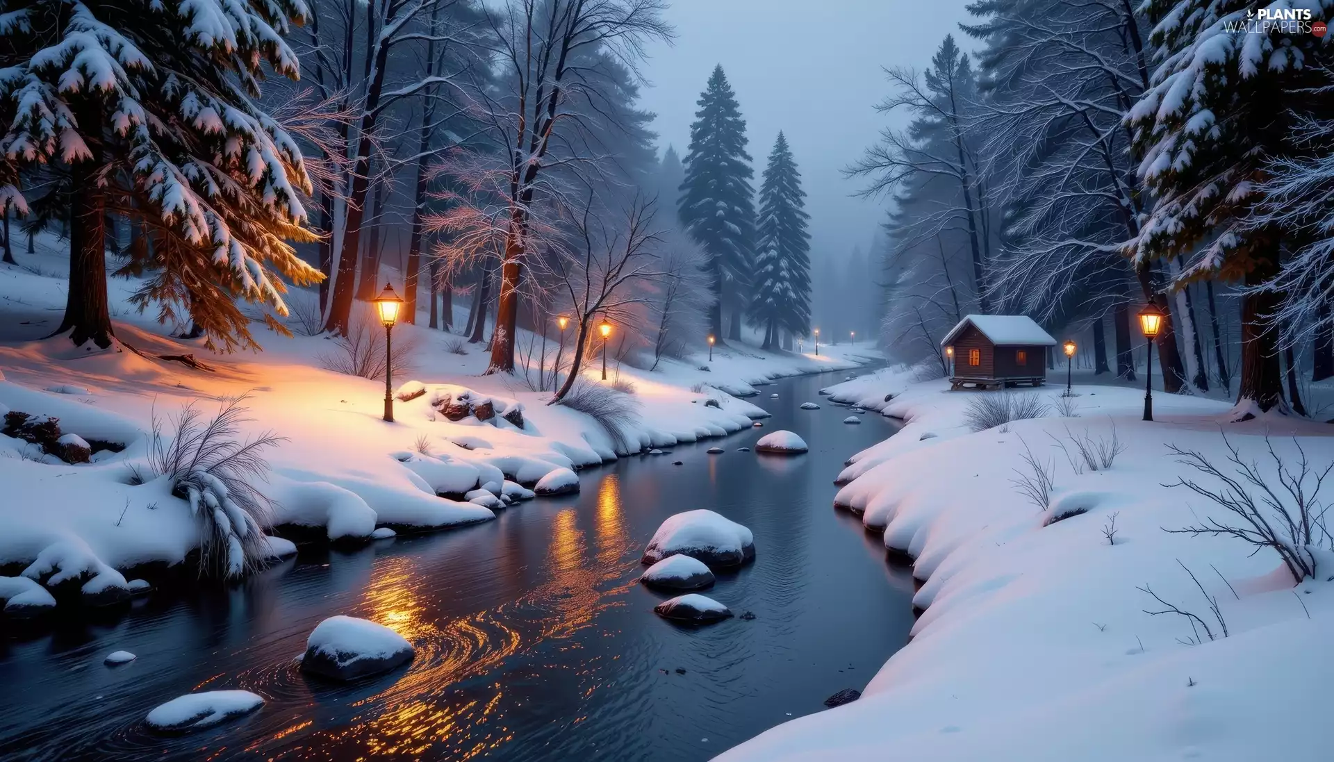 River, winter, Stones, forest, snow, lanterns, trees, viewes, Home