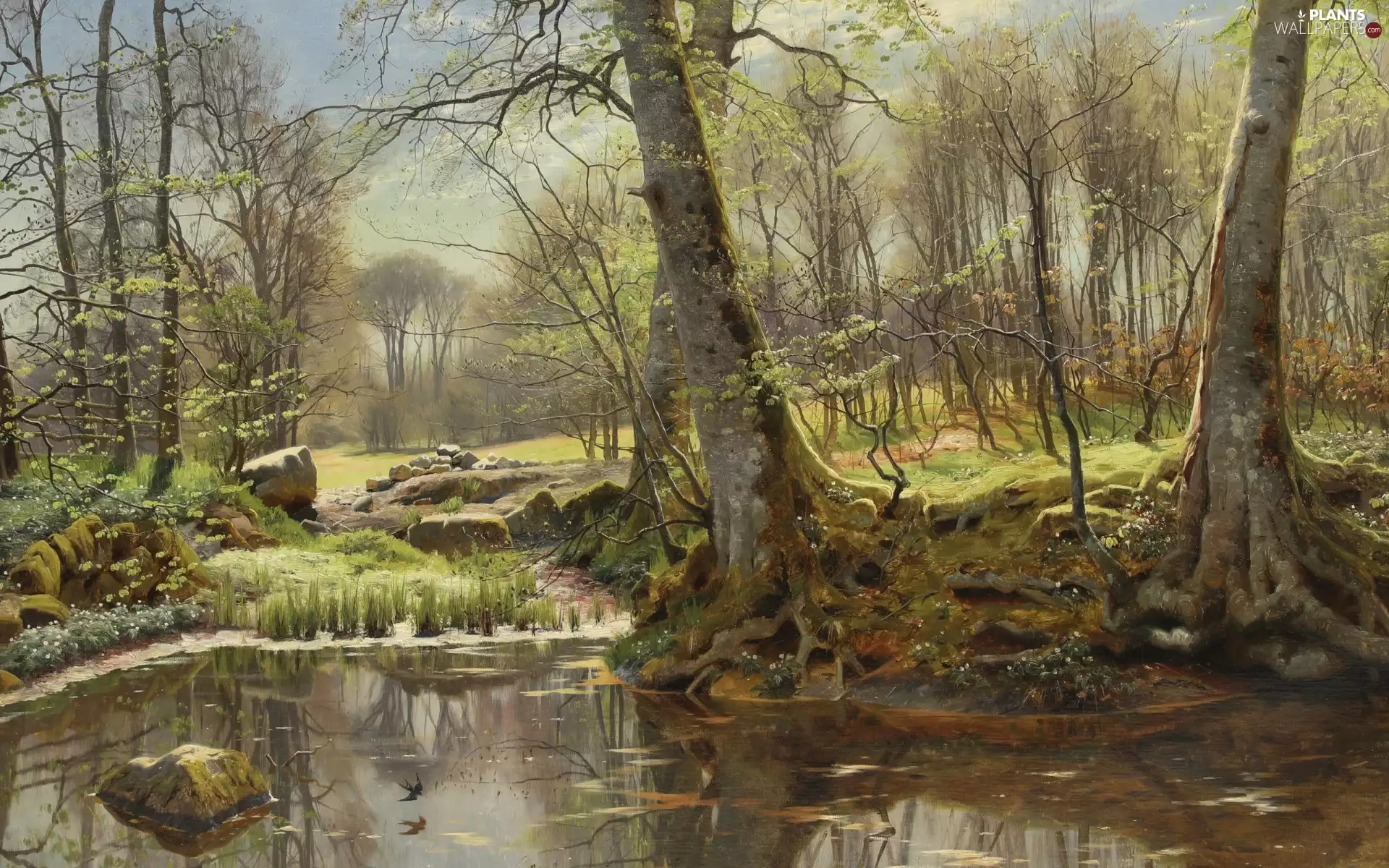 River, Peder Mork Monsted, viewes, landscape, Art Image, trees, VEGETATION