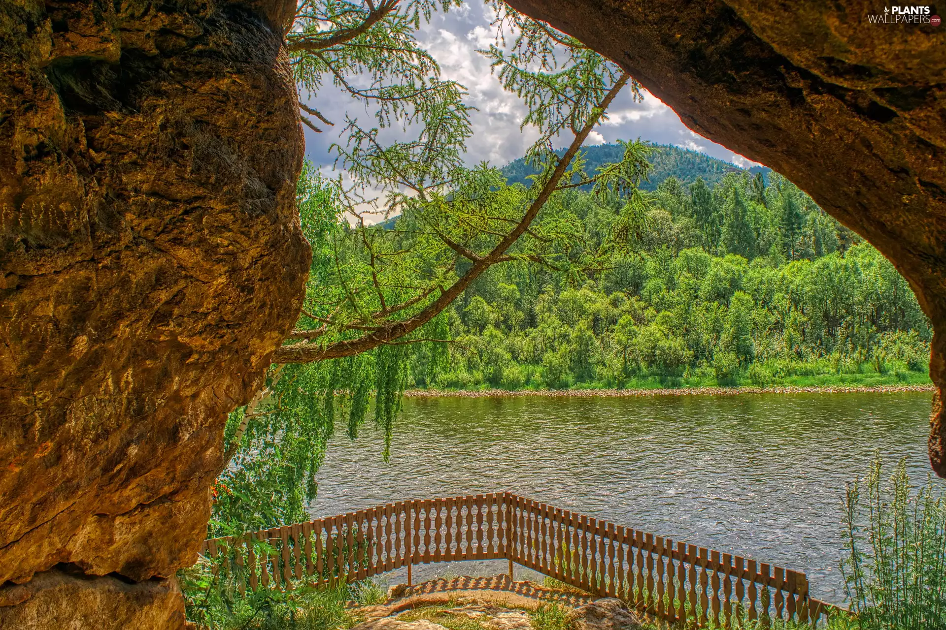 viewes, fence, rocks, River, Hill, trees