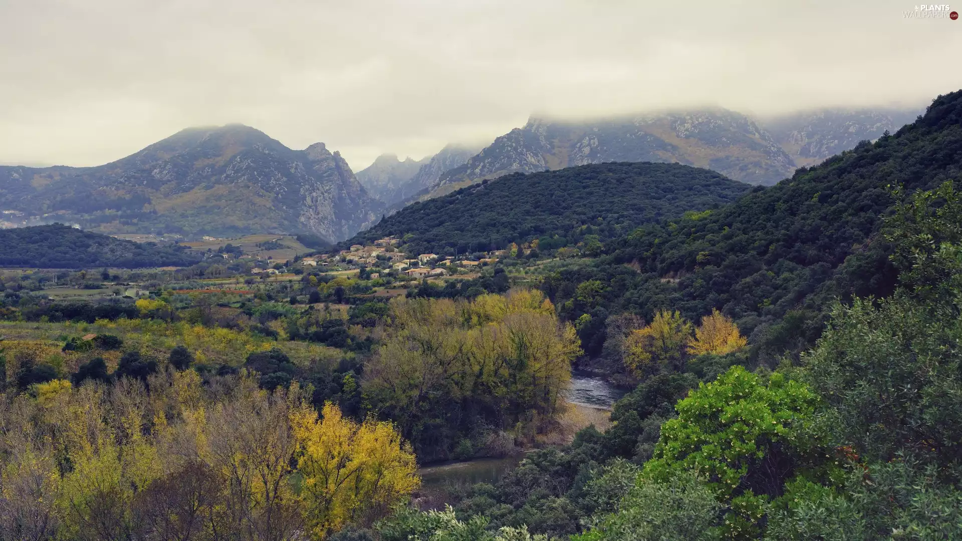 viewes, clouds, Valley, Fog, Houses, trees, Mountains, River