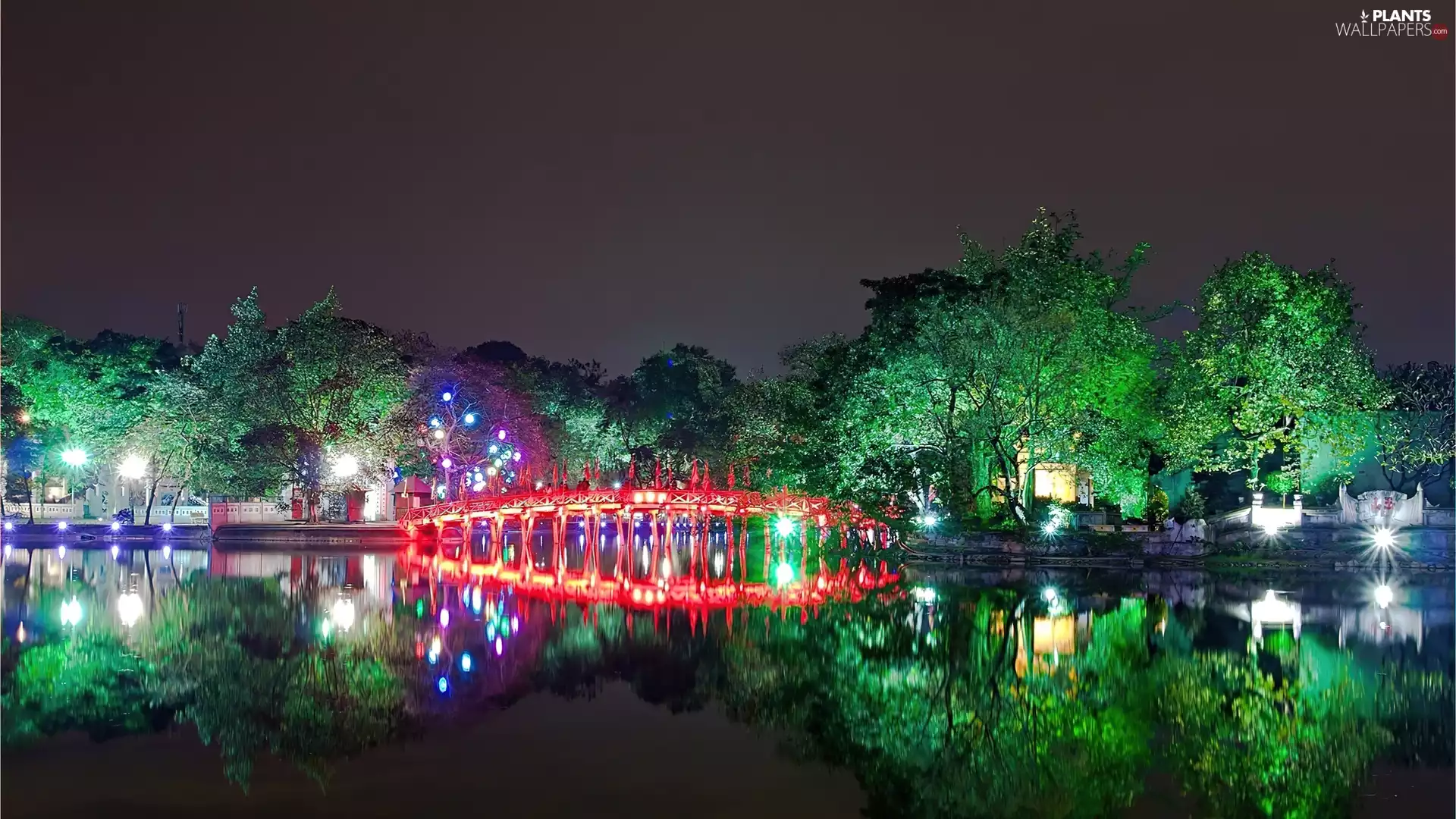 bridges, Hanoi, viewes, River, Wietnam, trees, Night