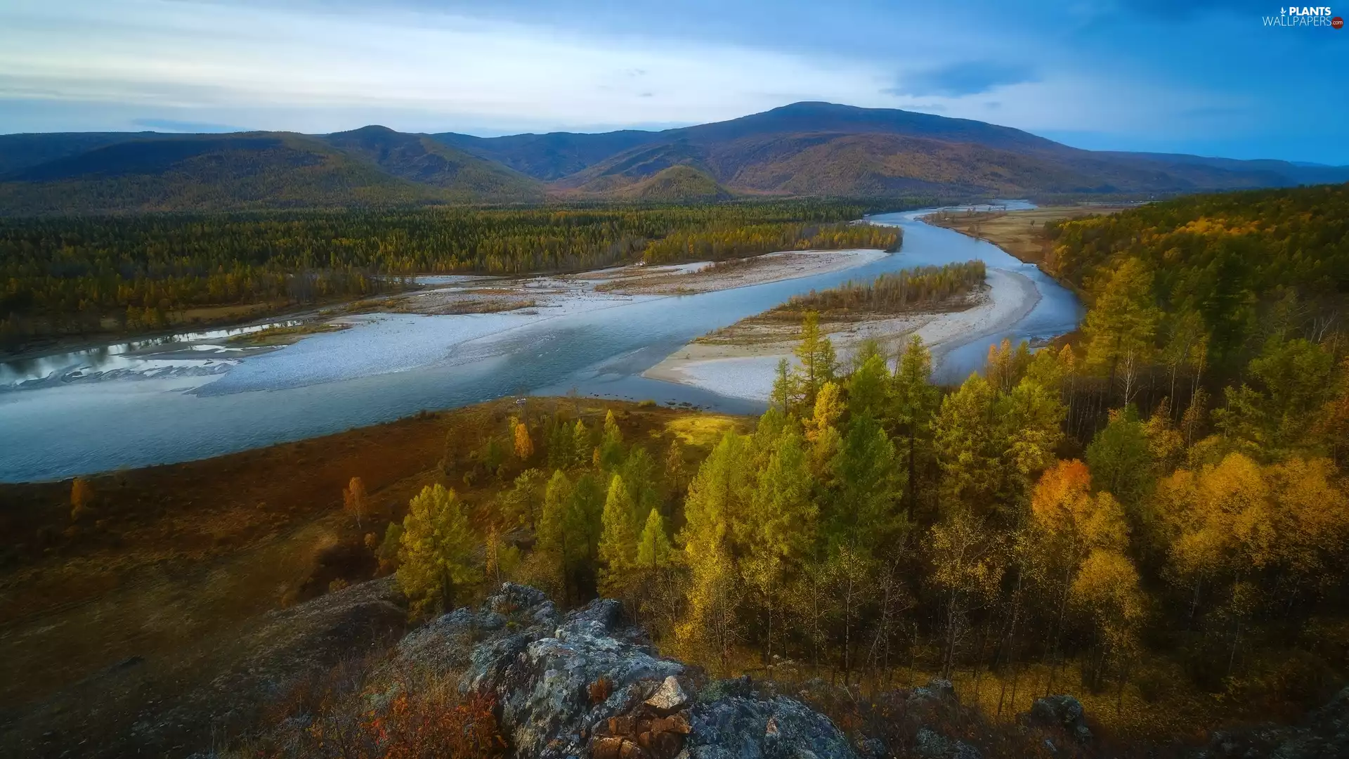 rocks, Mountains, viewes, River, autumn, trees, woods
