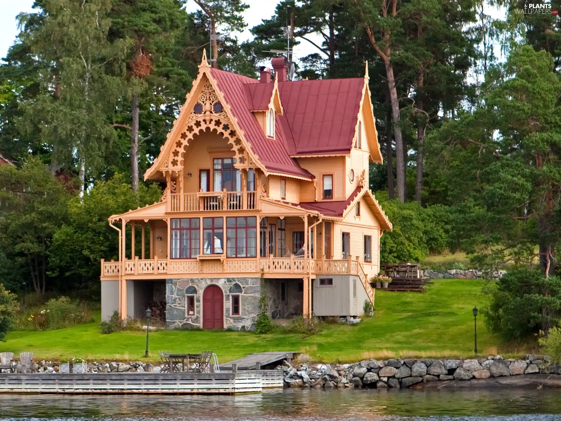 Wooden, by, river, villa
