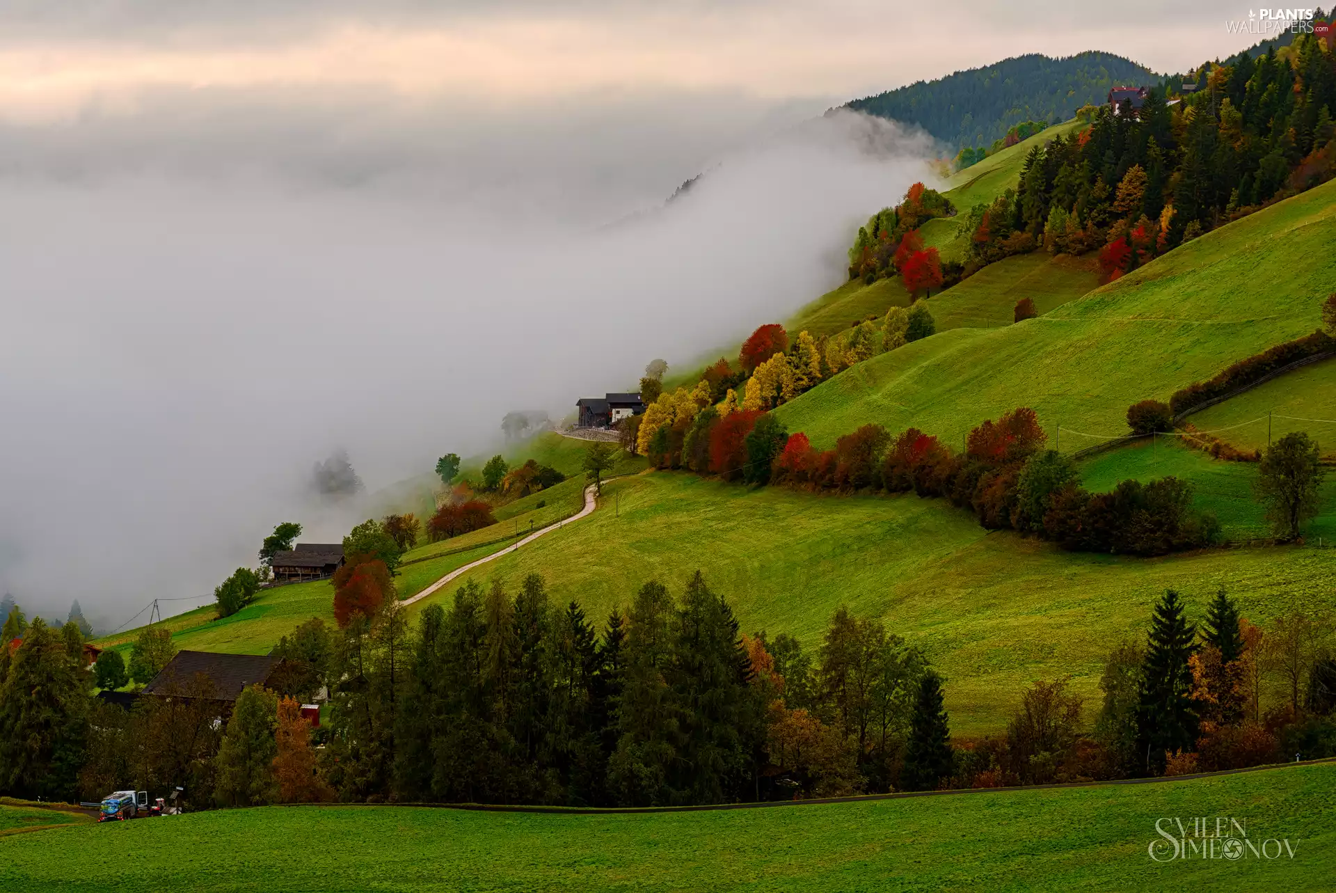Fog, autumn, viewes, Houses, trees, Hill, Mountains, roads