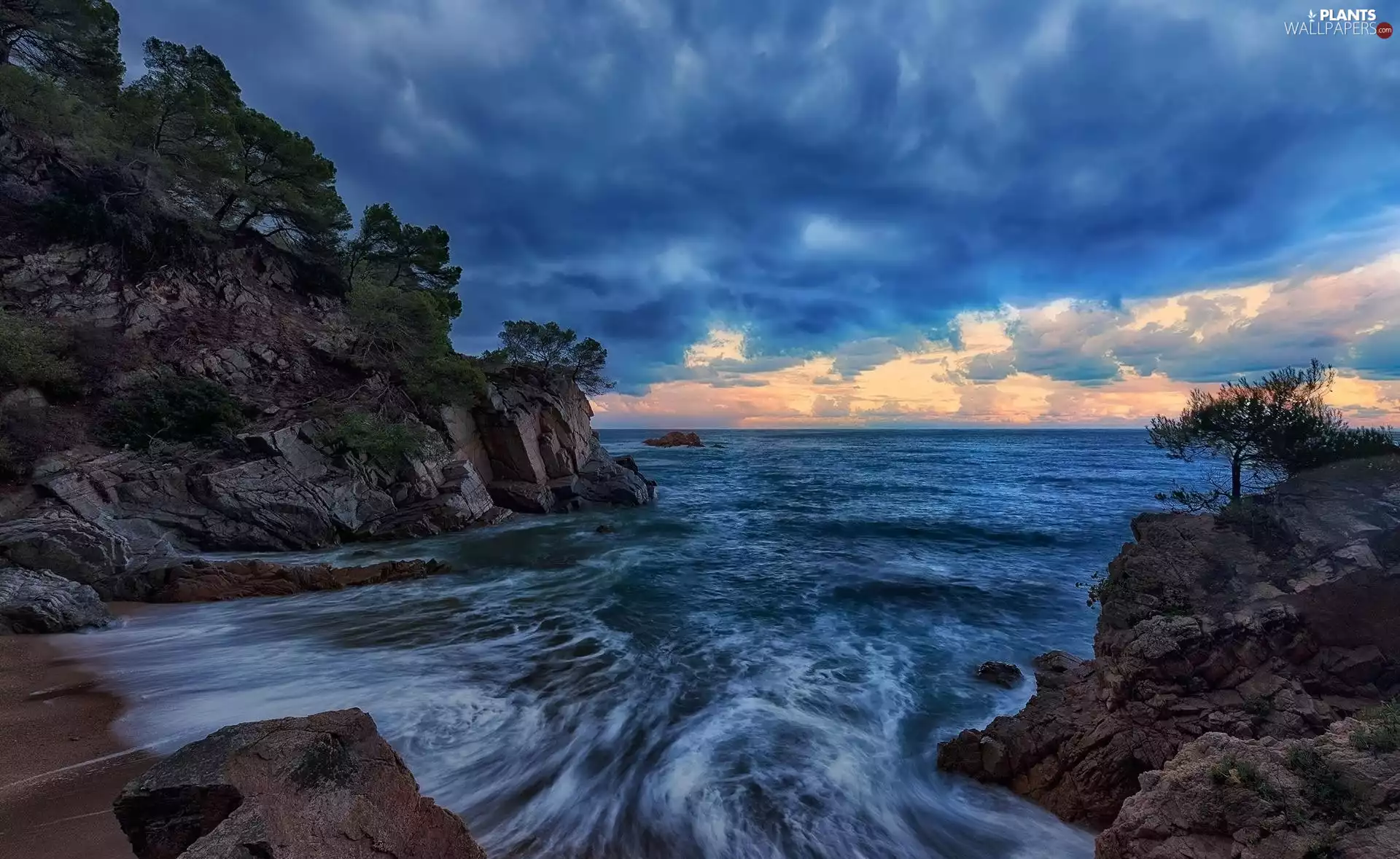 Girona Province, Spain, Costa Brava, Mediterranean, viewes, clouds, rocks, trees, Bay of Cala Llevadó