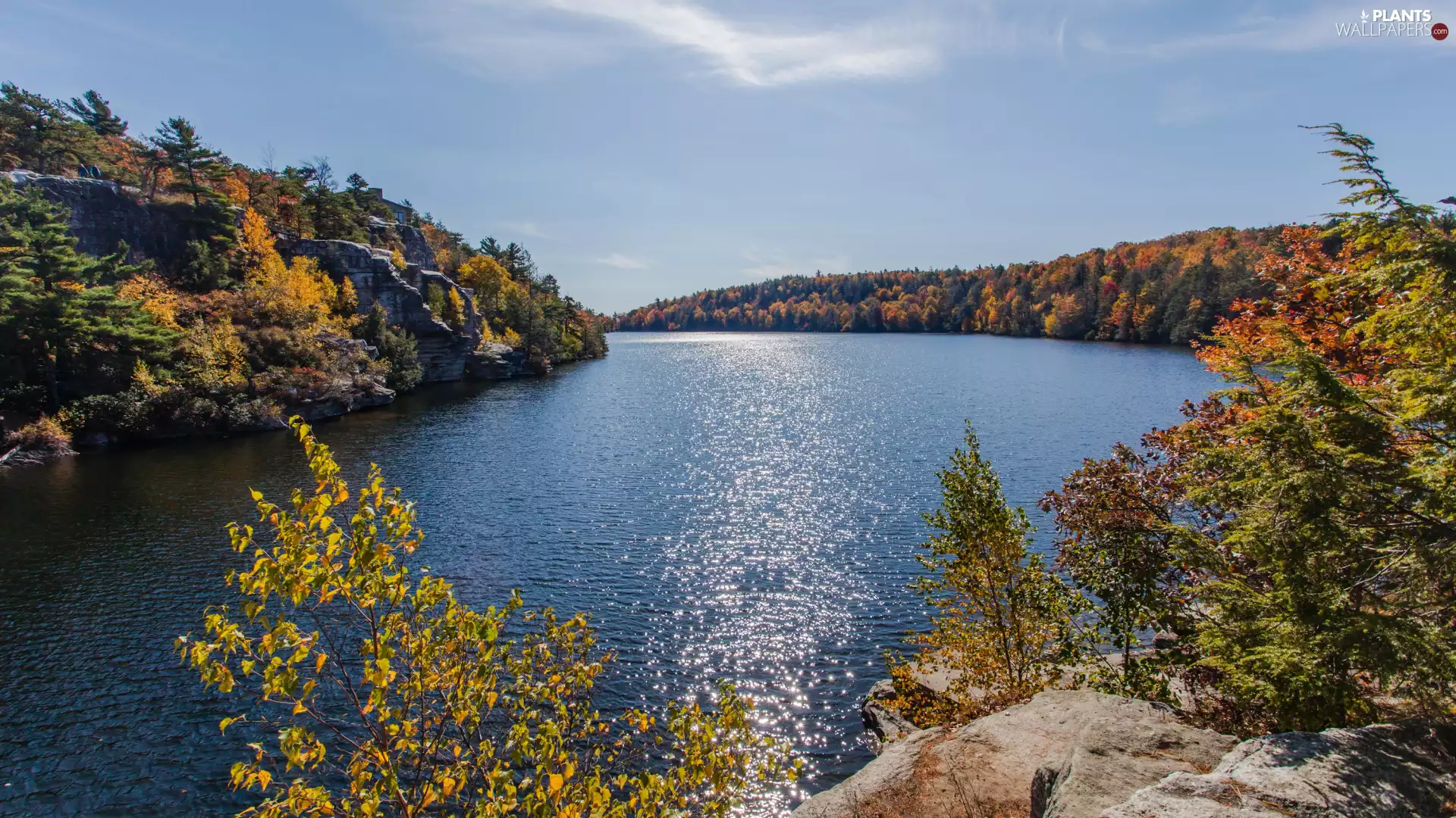 viewes, rocks, lake, trees, autumn
