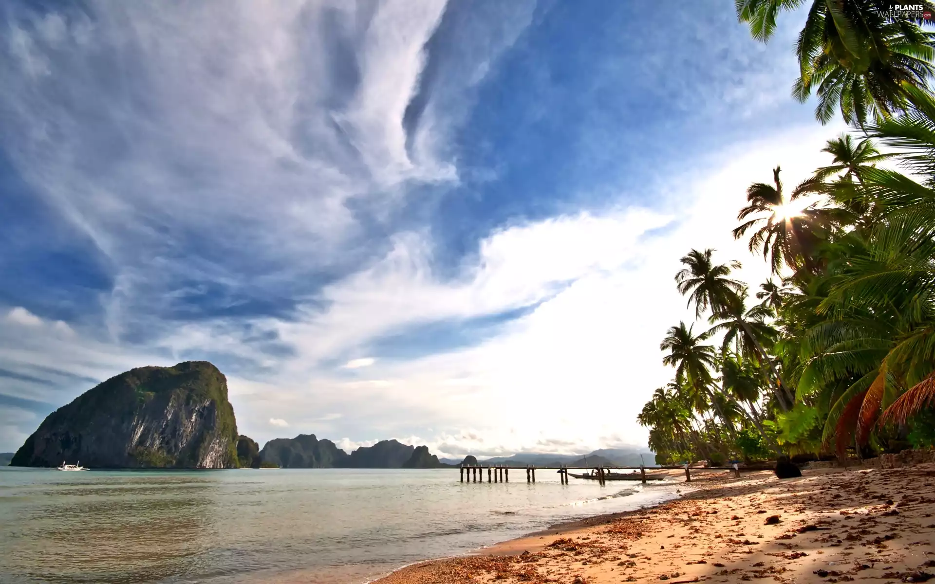 Palms, lake, clouds, rocks