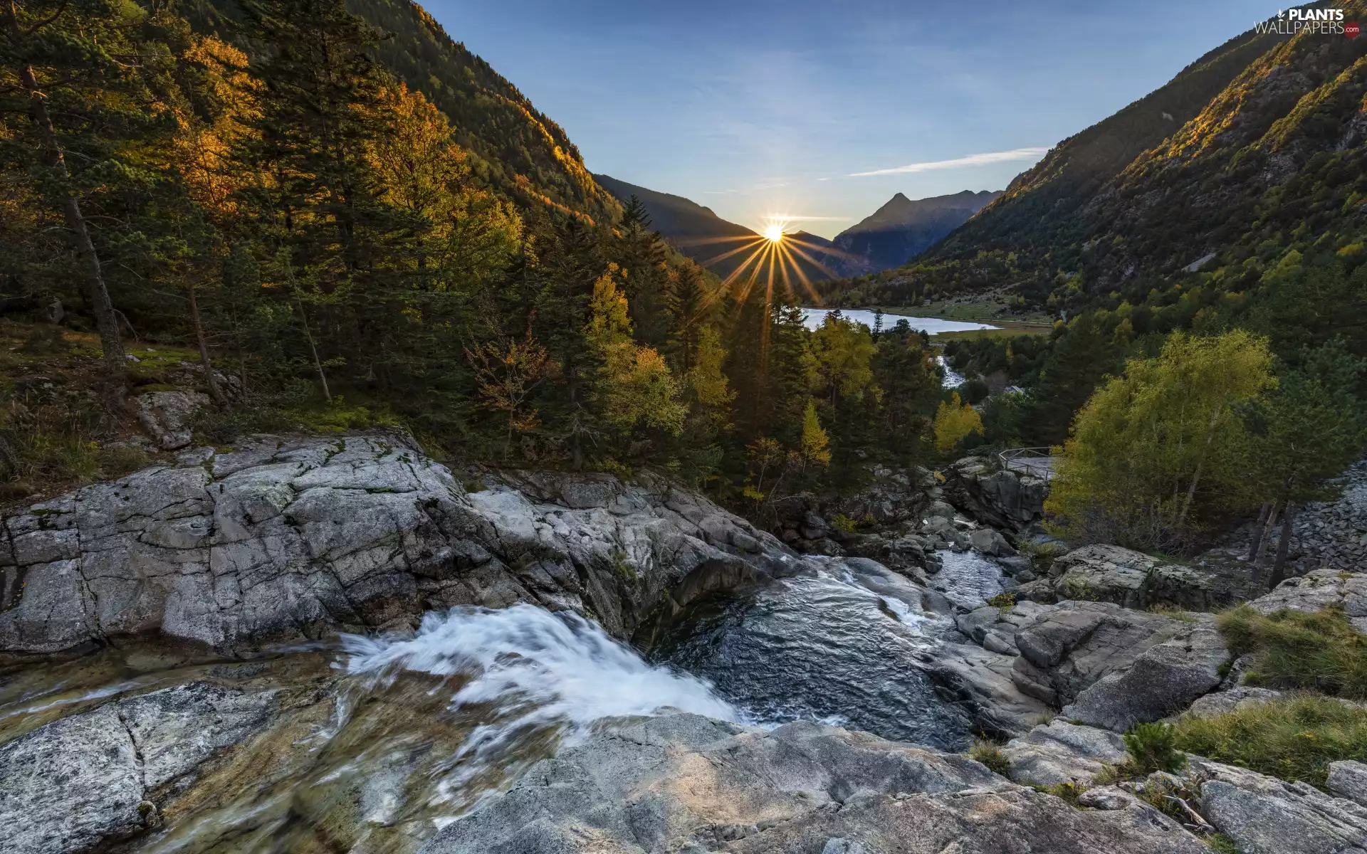 trees, rays, River, Mountains, Great Sunsets, viewes, rocks