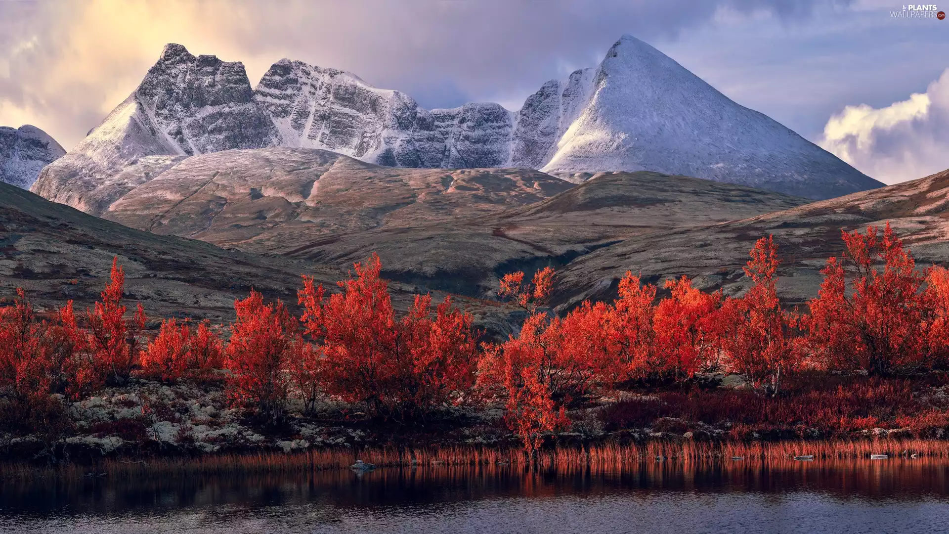 rocks, Mountains, snow, lake, clouds, autumn, trees, viewes, Red