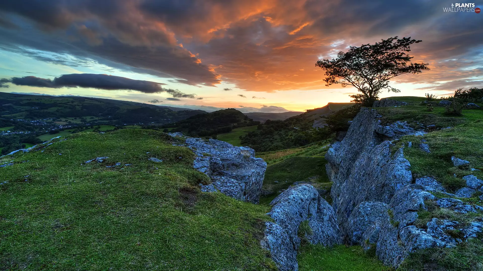 rocks, wales, Great Sunsets, Mountains, Snowdonia National Park, trees, clouds