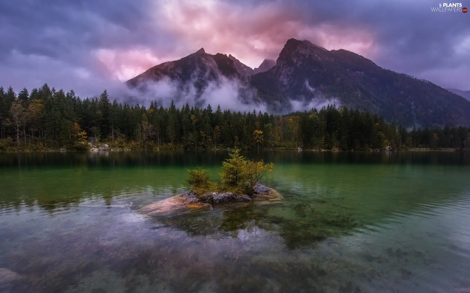 Rocks, lake, Islet, forest, reflection, clouds, viewes, Mountains, trees