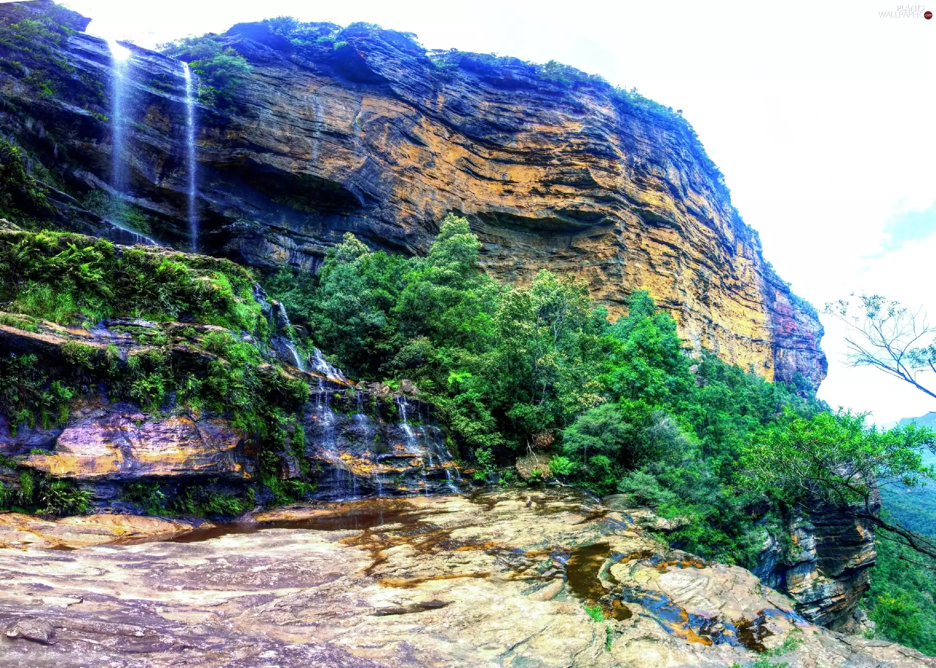 waterfall, trees, viewes, rocks