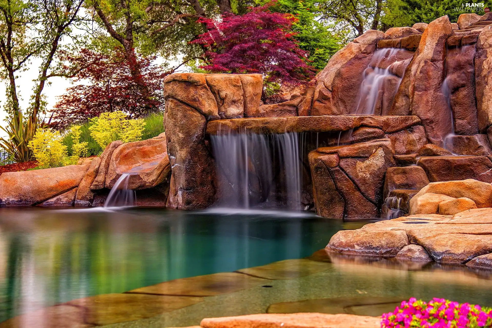 waterfall, viewes, rocks, trees