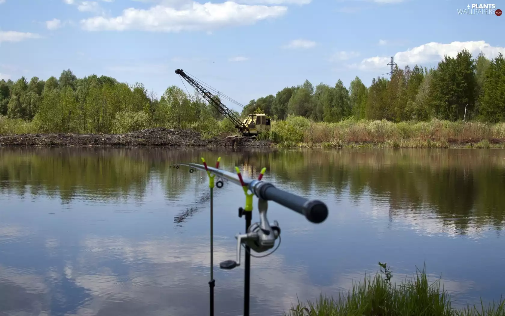 trees, viewes, fishing rod, excavator, Pond - car