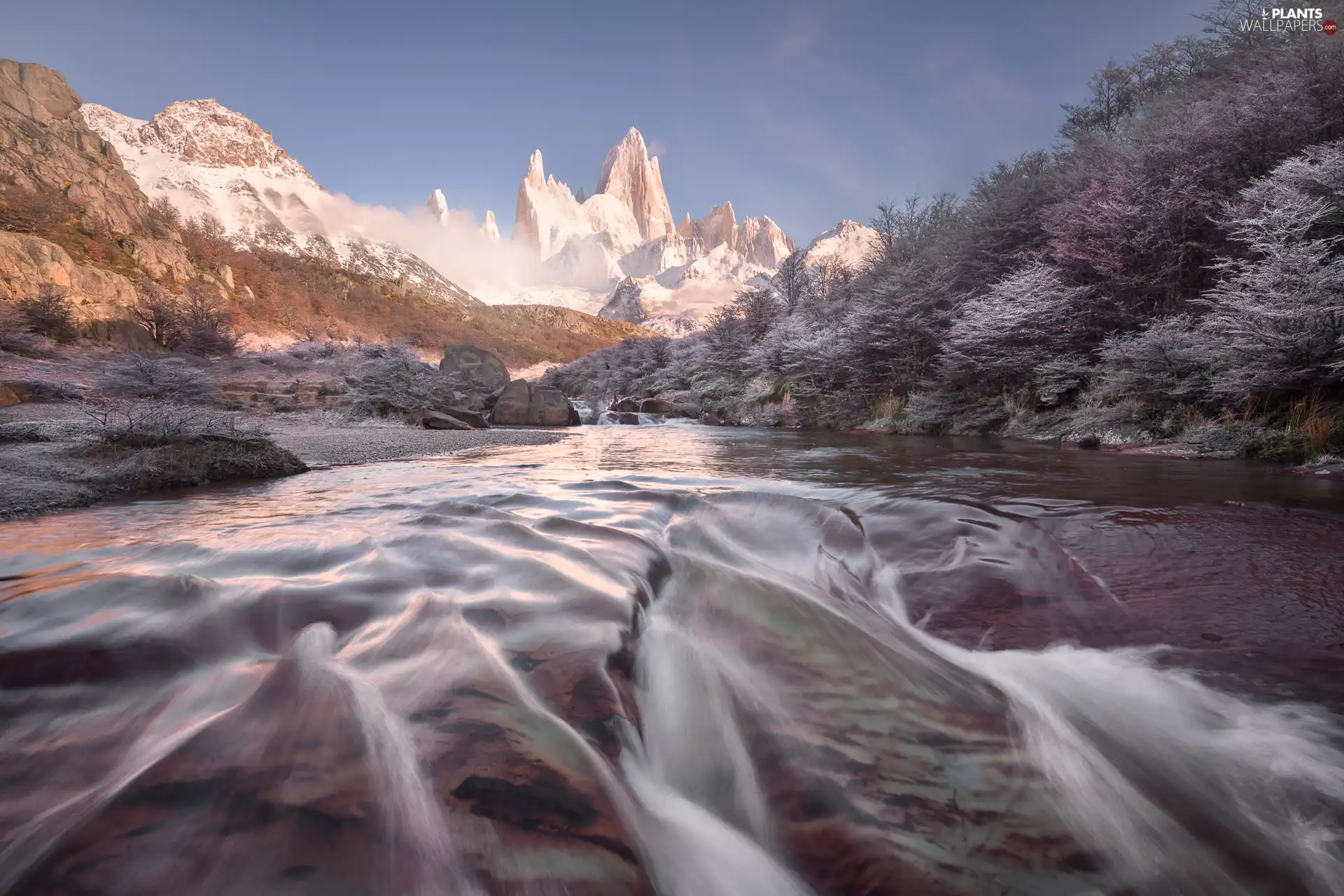 Fitz Roy Mountain, River, trees, Patagonia, viewes, Mountains, rocks, Argentina, Los Glaciares National Park, Andes Mountains