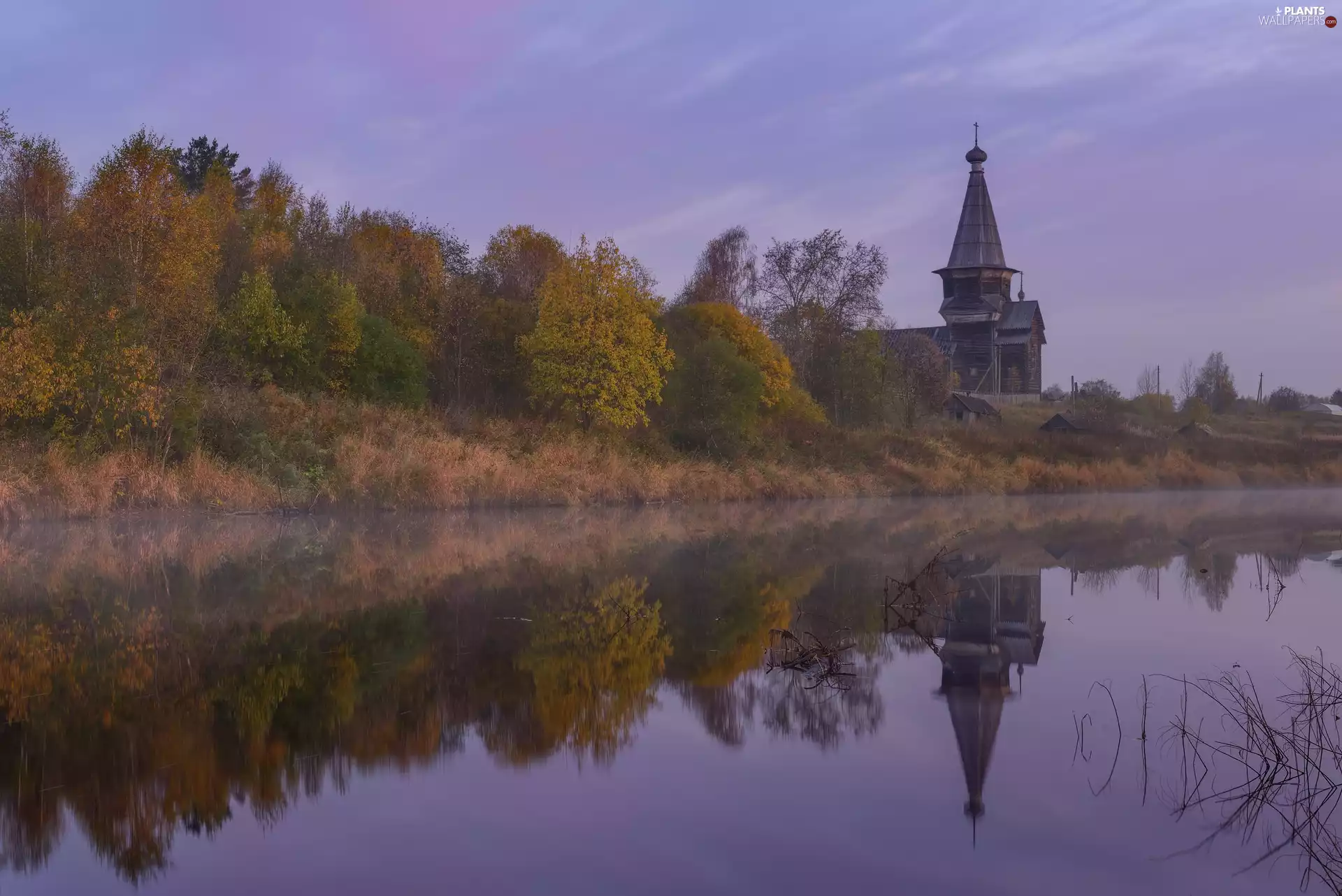 Cerkiew, autumn, viewes, Russia, trees, River