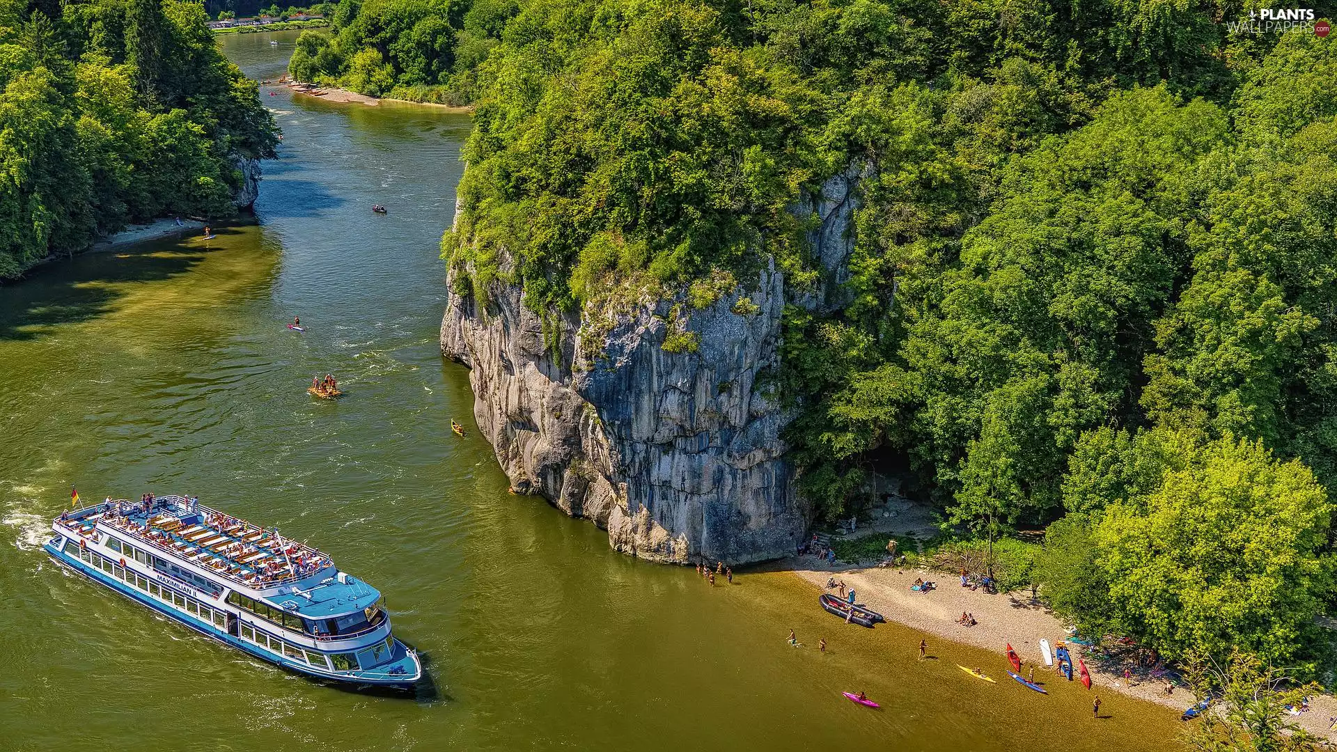 canyon, River, rocks, Bavaria, trees, Cruise Ship, Danube, Germany, Kelheim, viewes