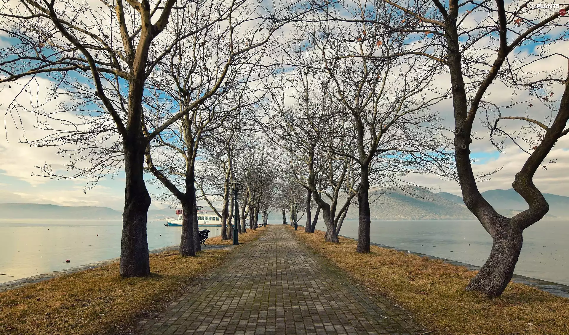 Way, autumn, viewes, Ship, trees, lake