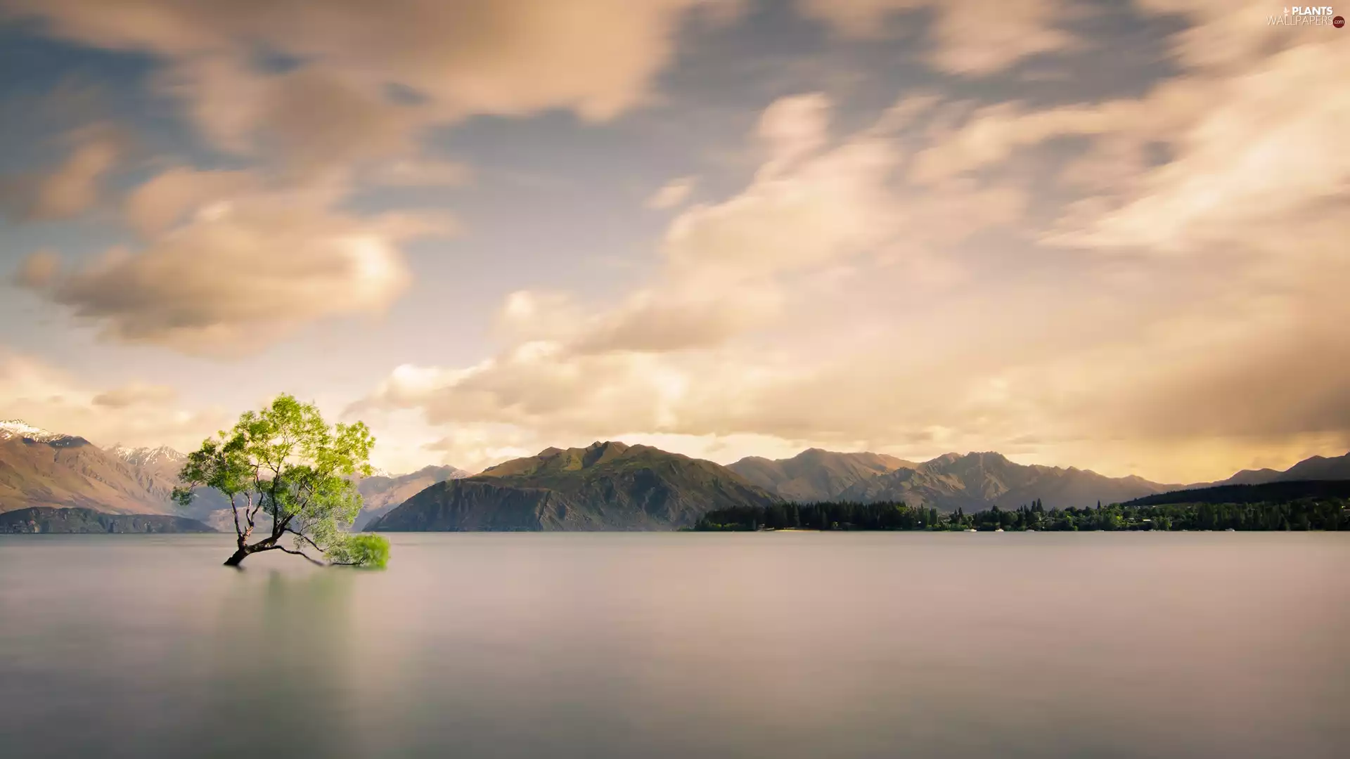 clouds, Sky, lake, trees, Mountains
