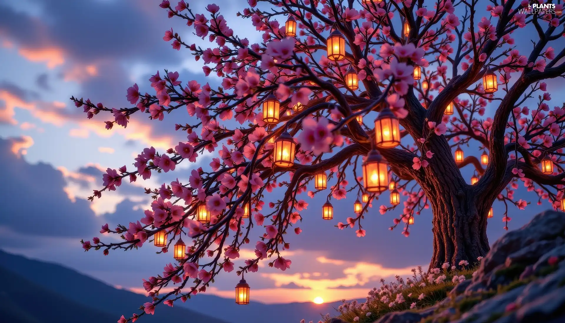 Pink, flourishing, Lanterns, Sky, Flowers, trees