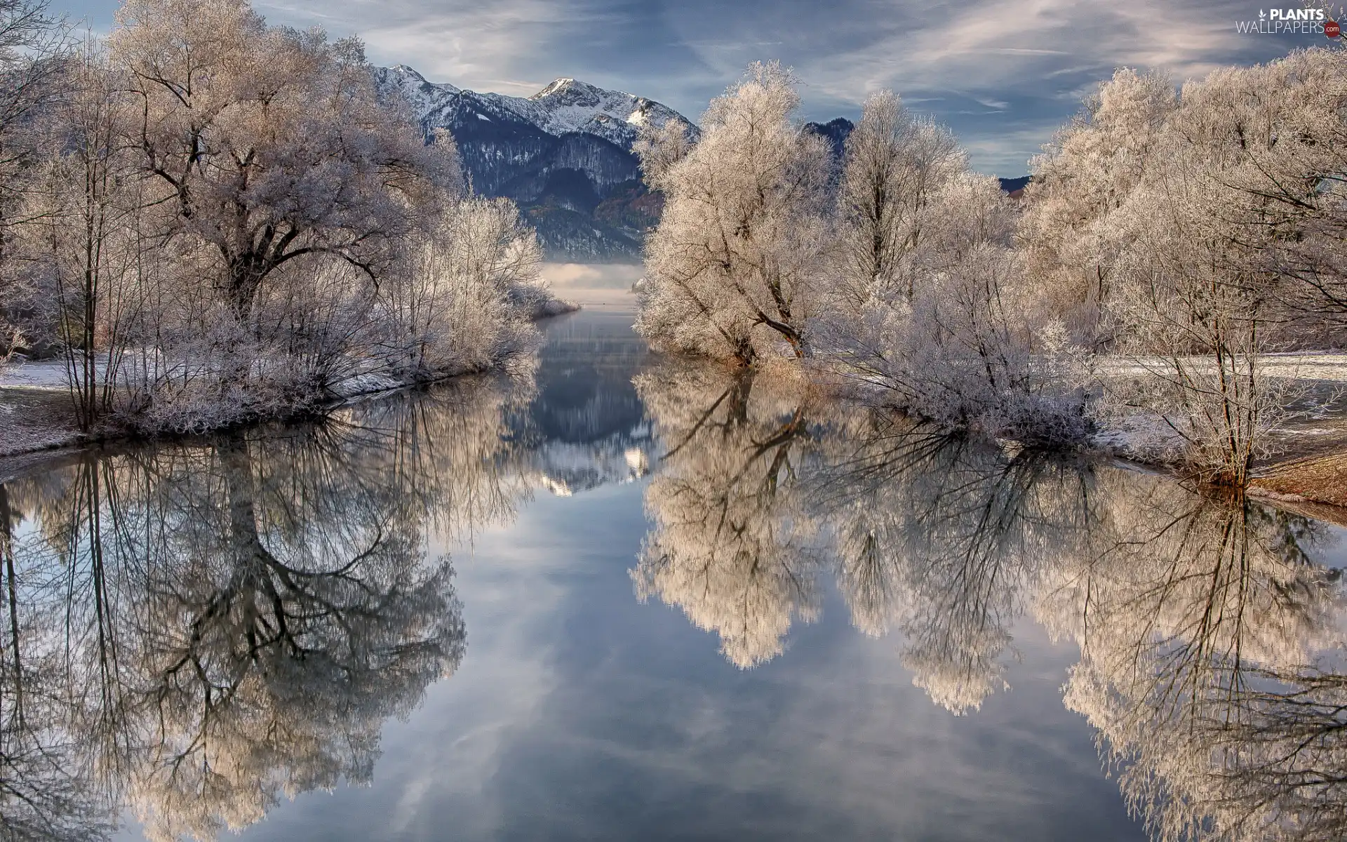 Sky, winter, clouds, Mountains, lake, reflection, trees, viewes, frosty