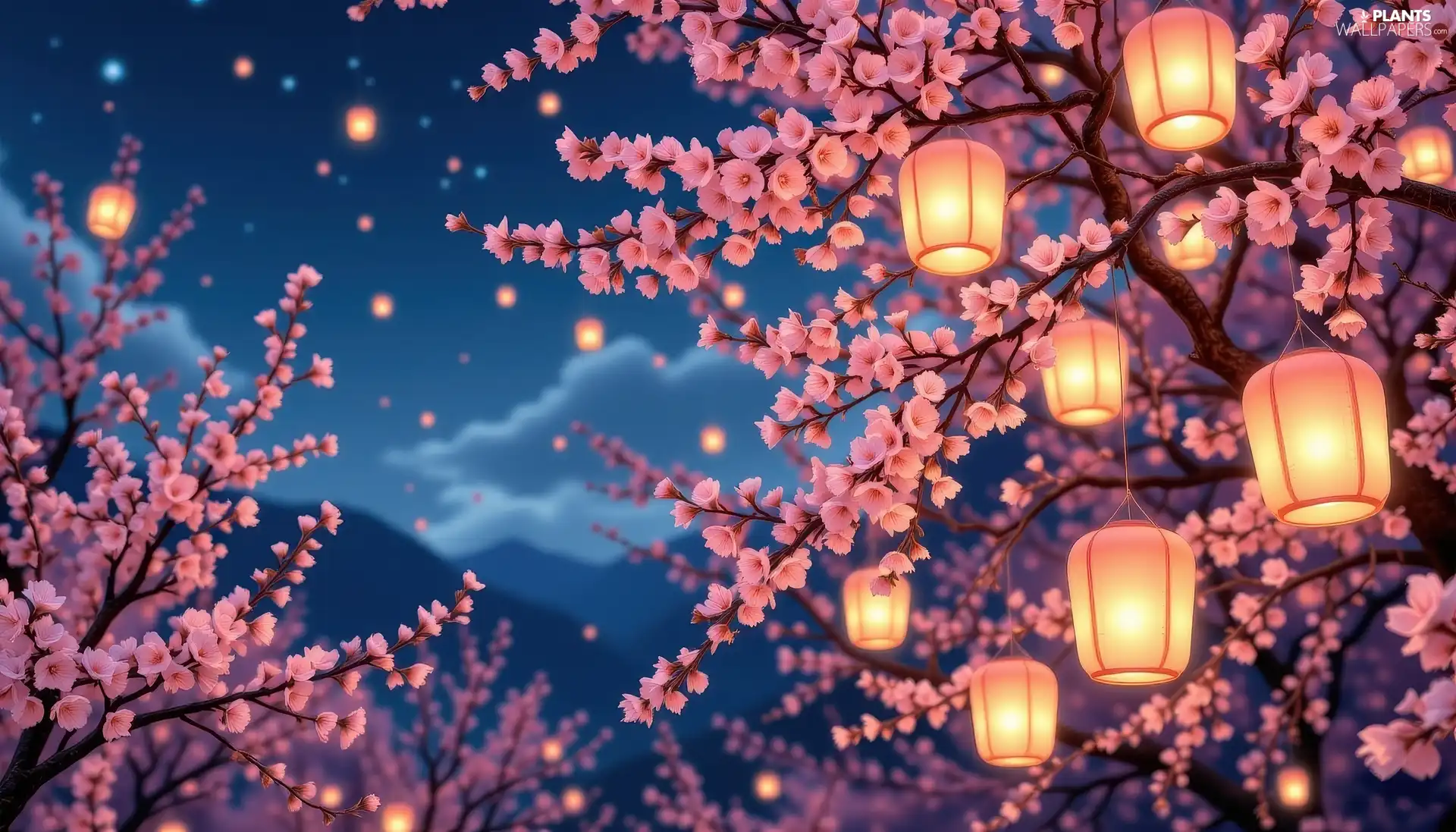 Lanterns, Sky, Twigs, Flowers, trees