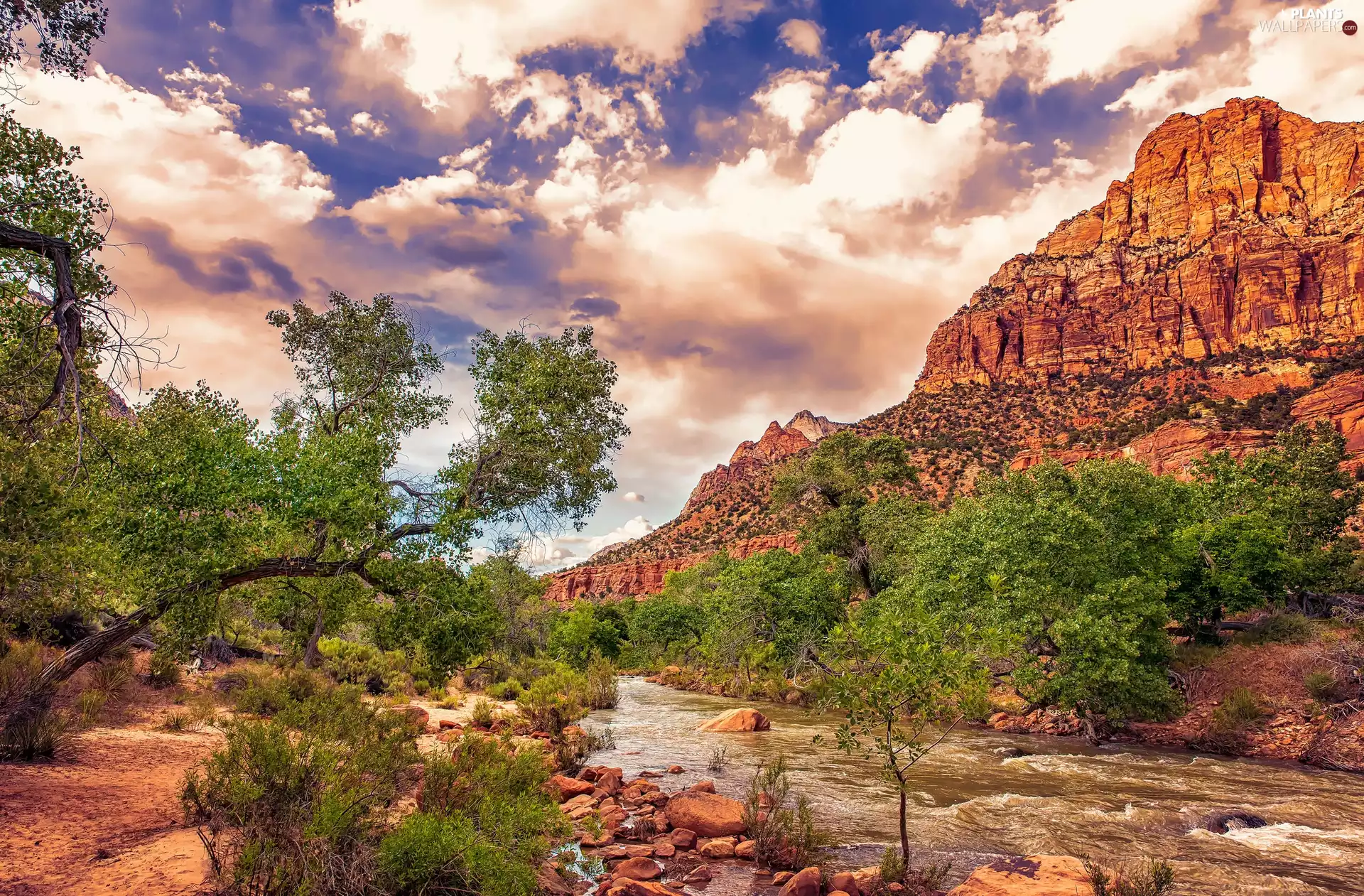 Mountains, Sky, viewes, River, trees