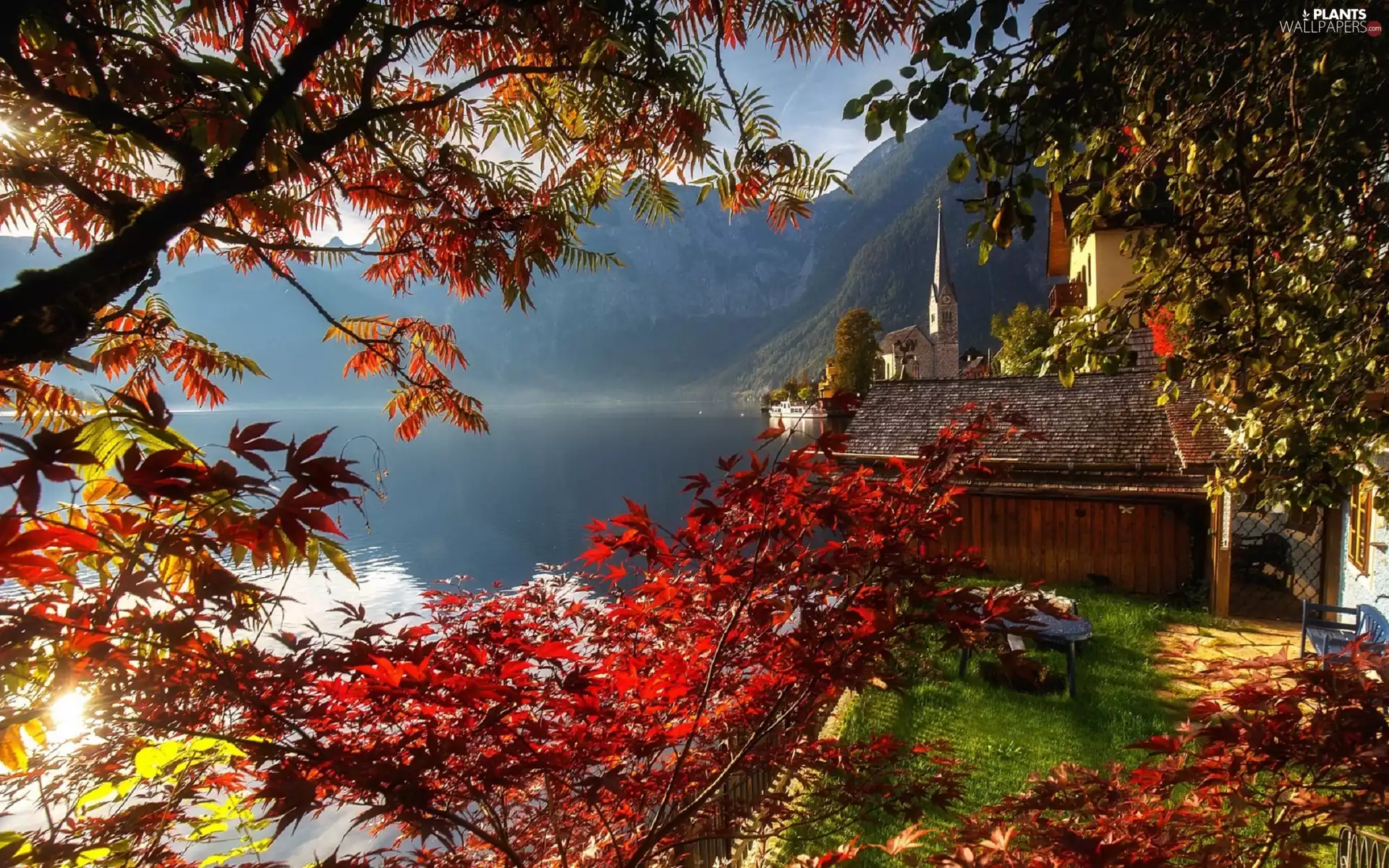 Church, Hallstatt, Salzburg Slate Alps, trees, Hallstattersee Lake, Austria, Mountains, viewes, autumn, Houses