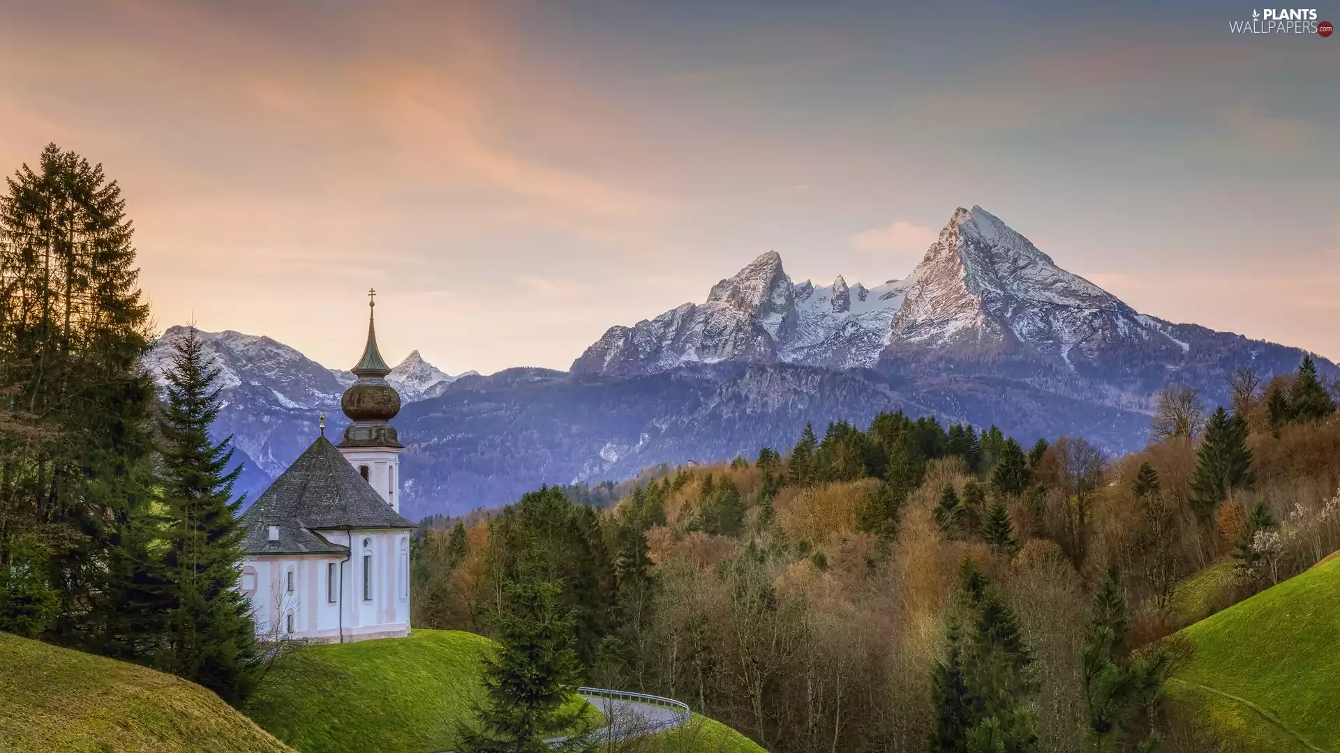 Bavaria, Germany, Berchtesgaden, Church, trees, viewes, Mountains, Salzburg Slate Alps, Sanctuary of Maria Gern