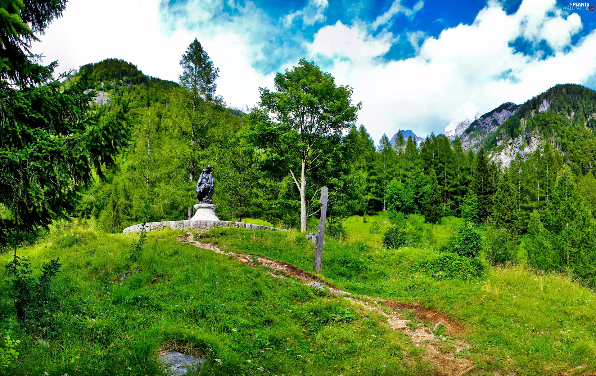 viewes, Bovec, Mountains, grass, Julian Alps, Slovenia, Monument, Path, forest, trees