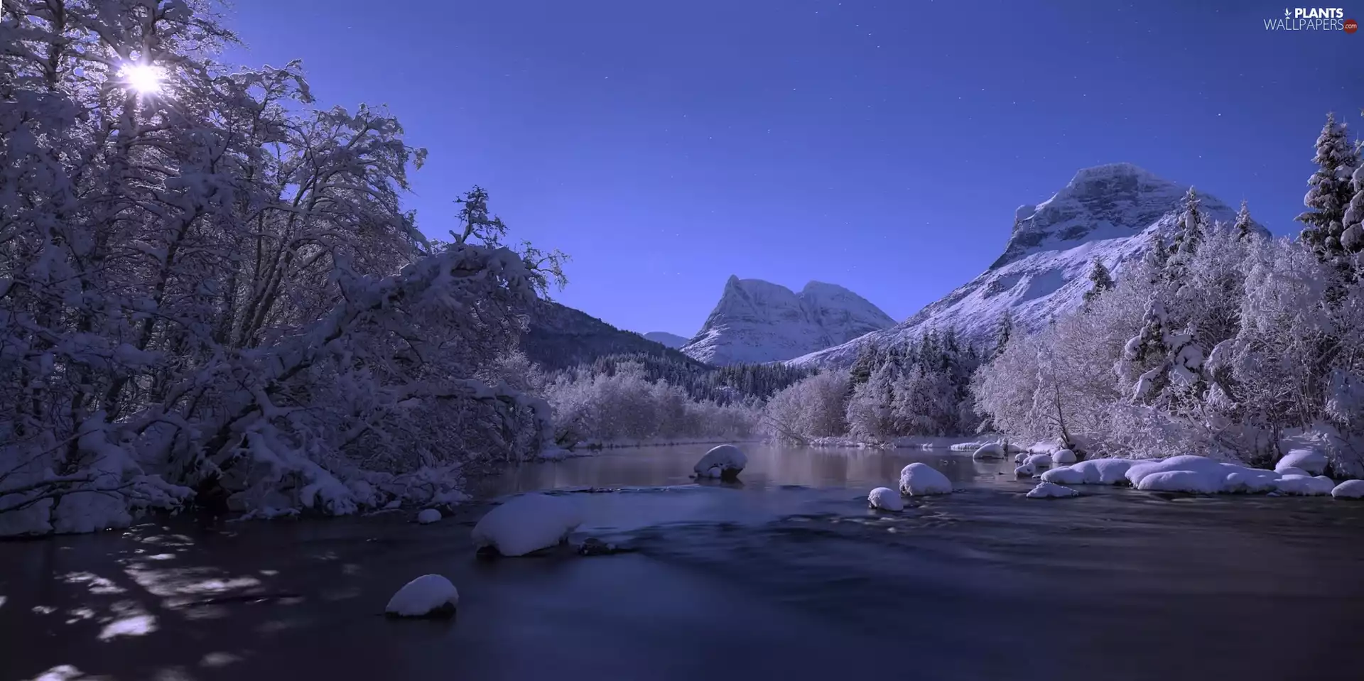 Stones, Mountains, viewes, snow, trees, River
