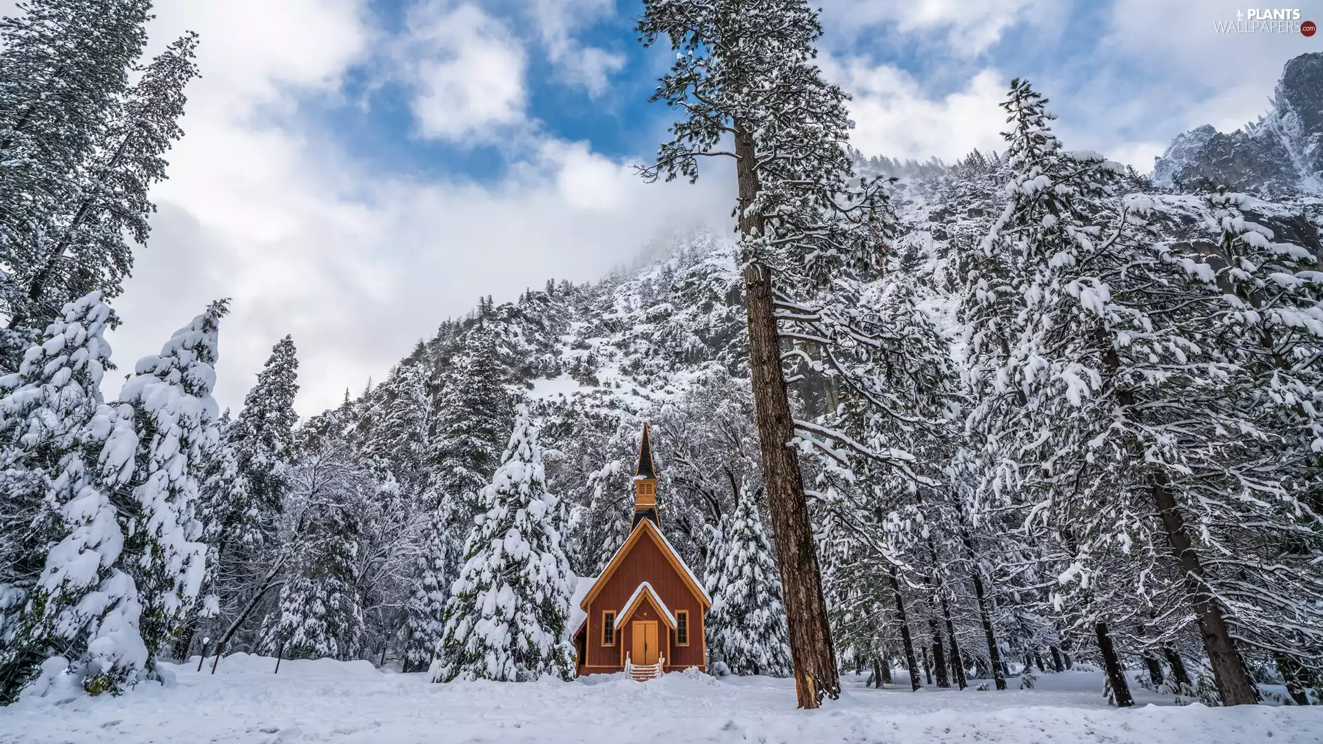 chapel, winter, forest, church, clouds, The United States, State of California, viewes, trees, Yosemite National Park, snow