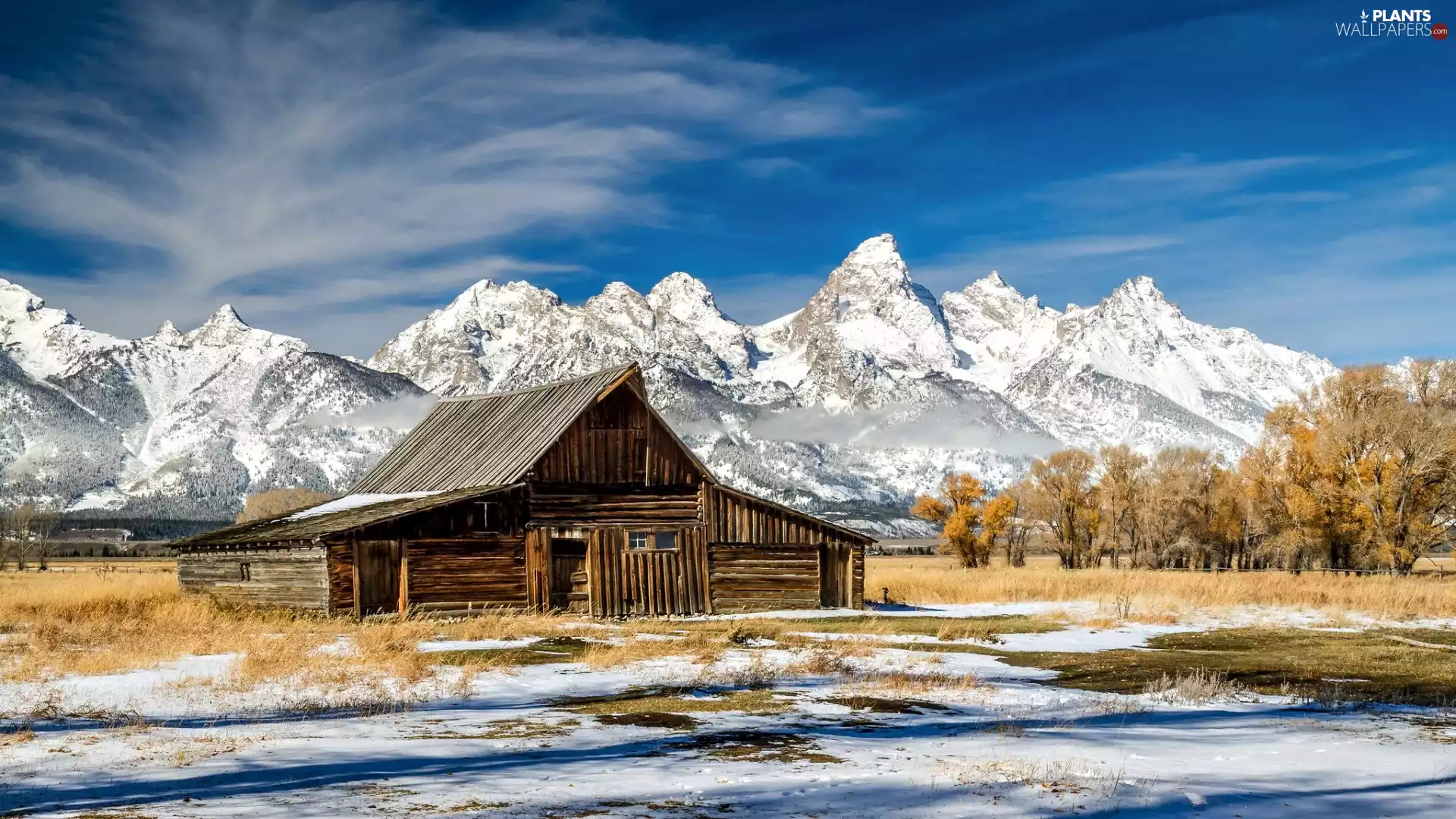 cottage, Wooden, Teton Range Mountains, snow, State of Wyoming, The United States, viewes, Grand Teton National Park, trees